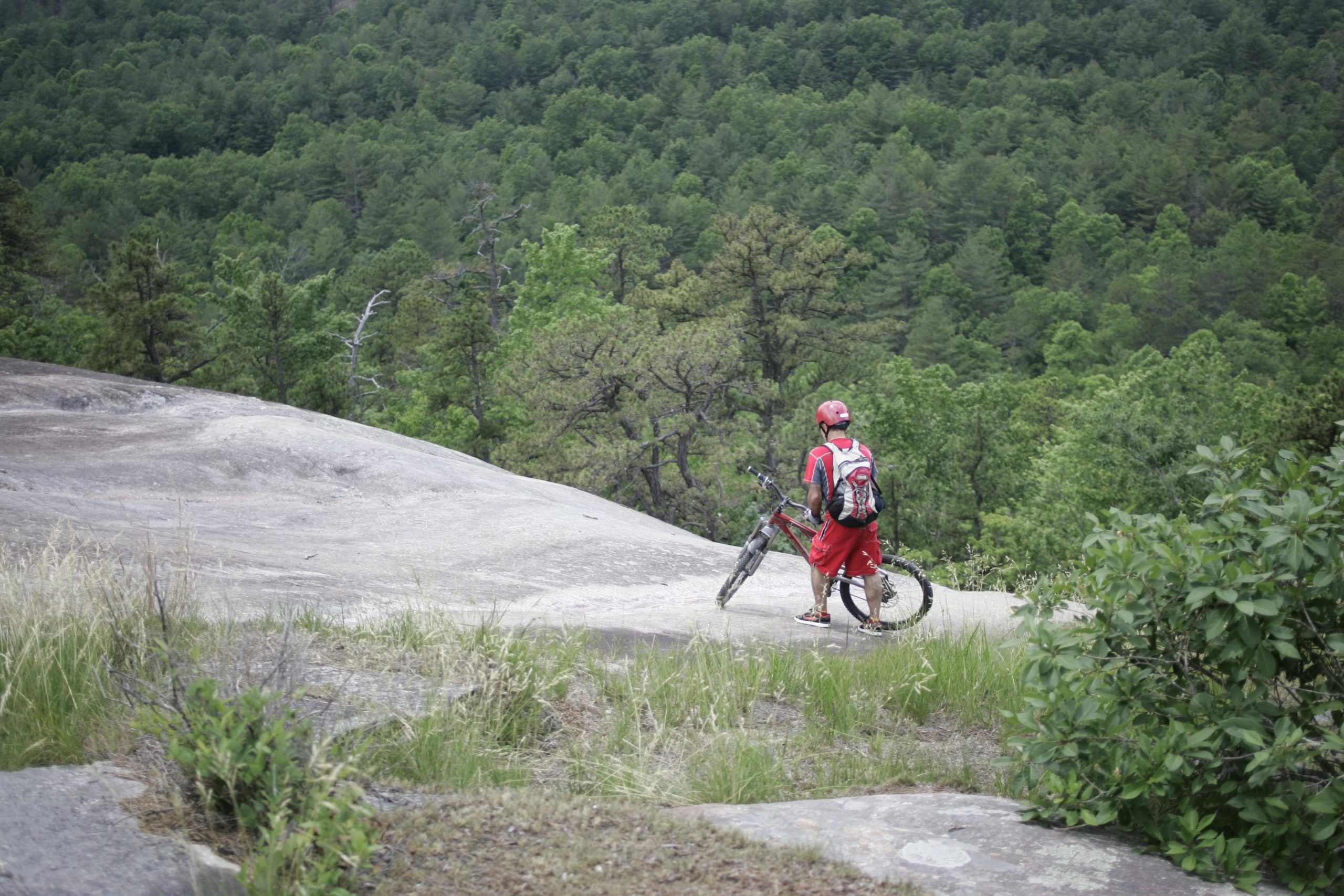 A person in a red outfit and helmet stands next to a mountain bike on a rocky surface, overlooking a lush green forest landscape in the background. DuPont State Forest mountain bike trail.