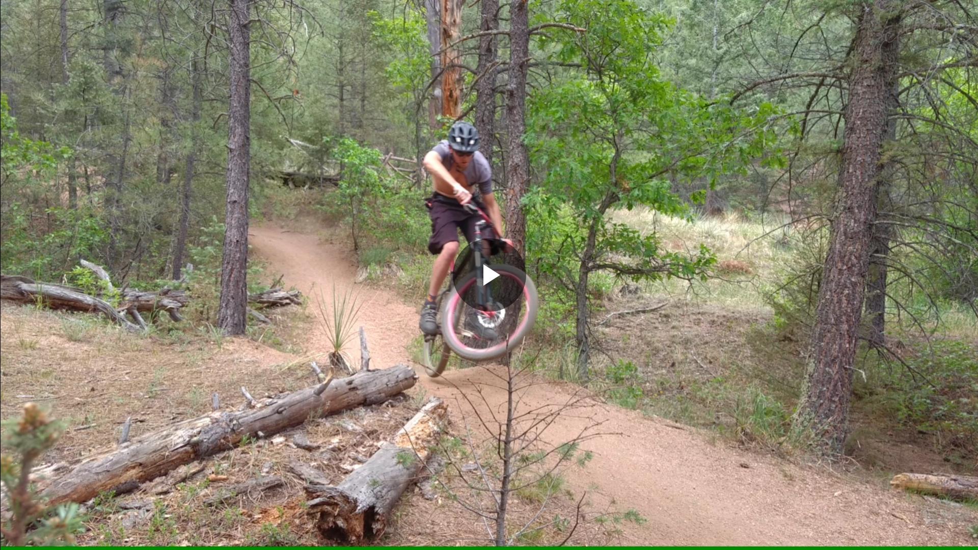 A mountain biker performing a jump on a dirt trail surrounded by trees in a forested area. Logs and branches are visible on the ground, and the biker is wearing a helmet and casual riding gear. Palmer Trail / Section 16 mountain bike trail.