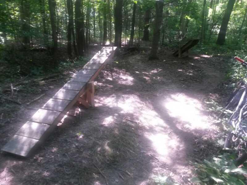 A wooded area featuring two dirt bike ramps. One ramp is angled and made of wooden planks, while the other is positioned at a slight incline. The sunlight filters through the leaves, casting dappled shadows on the ground, with a dirt path visible nearby. Farmdale Reservoir Recreation Area mountain bike trail.