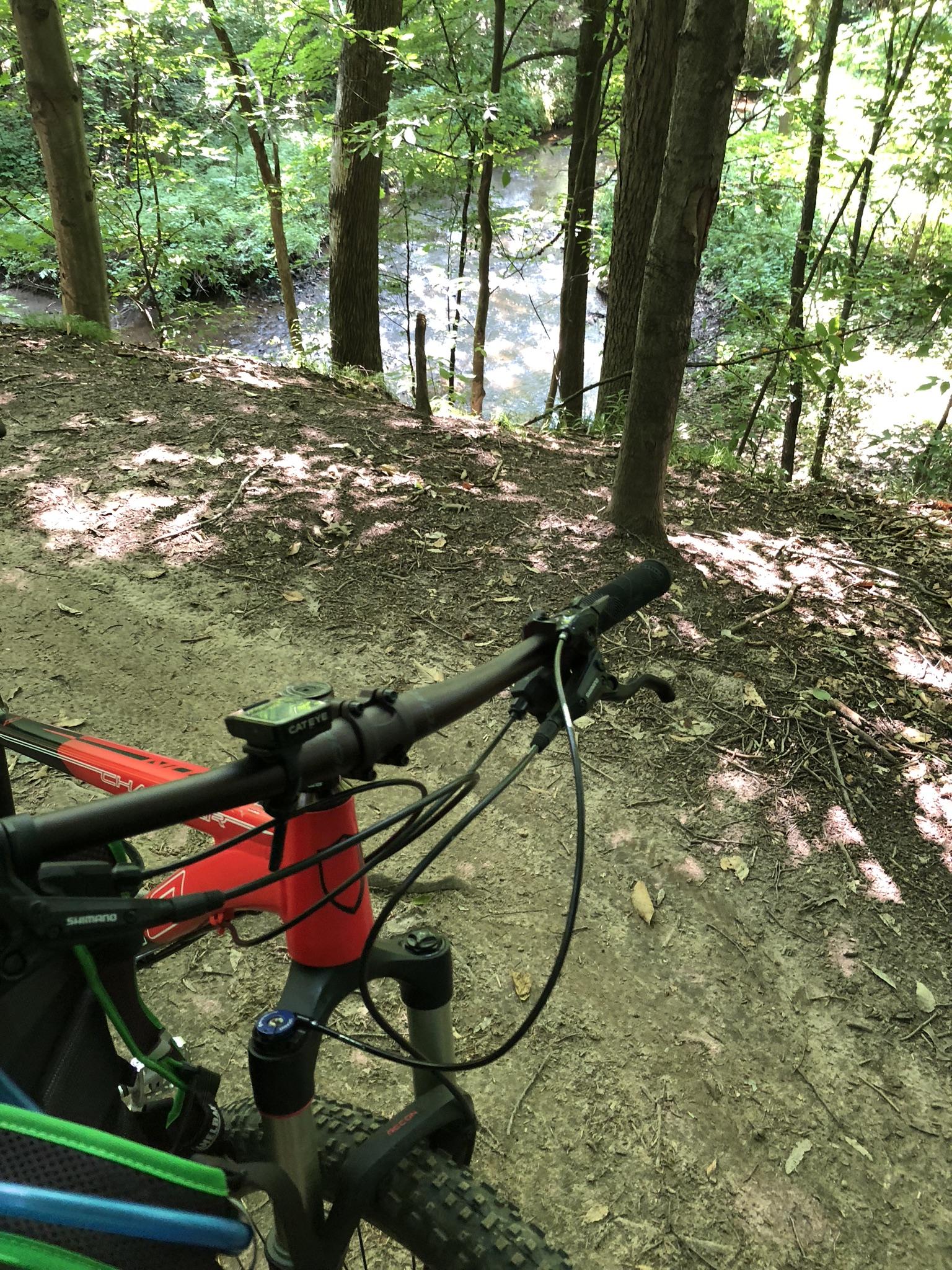Norco Charger: Alt text: Close-up view of a mountain bike handlebar on a dirt path beside a creek, with trees and greenery in the background.