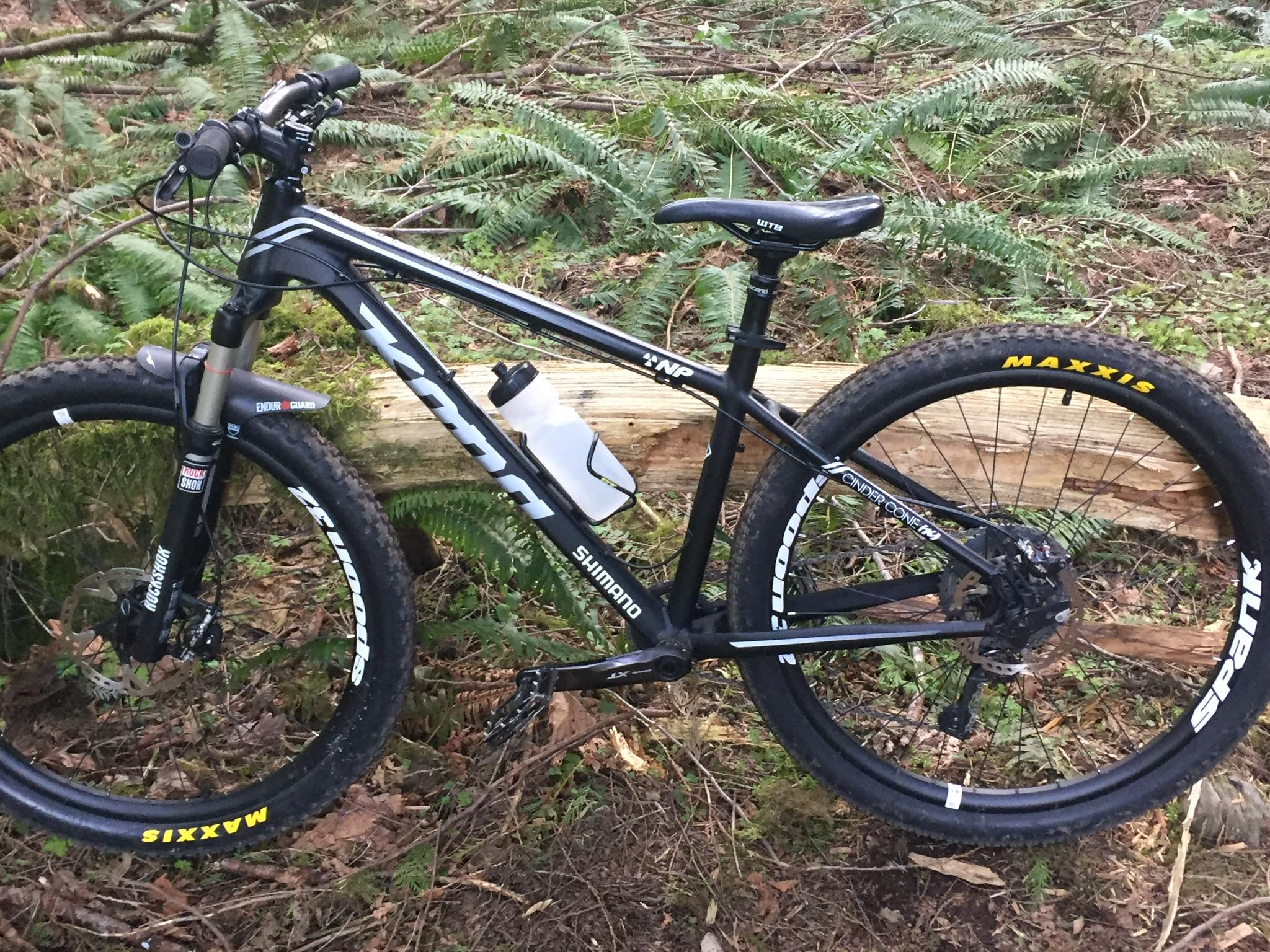 Kona Cinder Cone: A black mountain bike leaning against a log in a forested area, surrounded by ferns and greenery. The bike features a Shimano component and has Maxxis tires. A water bottle is mounted on the frame.