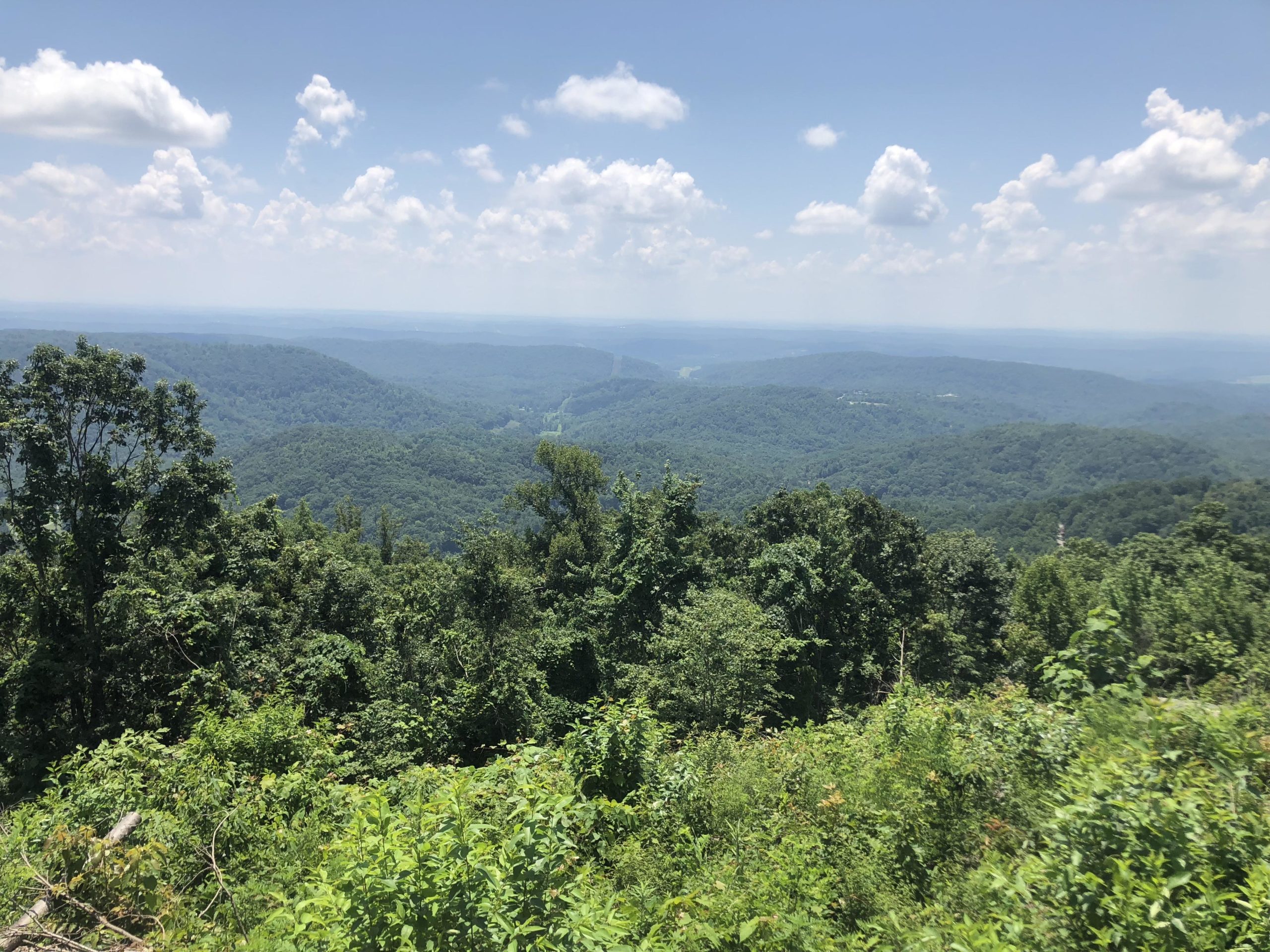 A panoramic view of lush green mountains under a bright blue sky with scattered white clouds, showcasing a scenic landscape with dense trees and valleys in the foreground and distant hills in the background. Windrock Bike Park mountain bike trail.