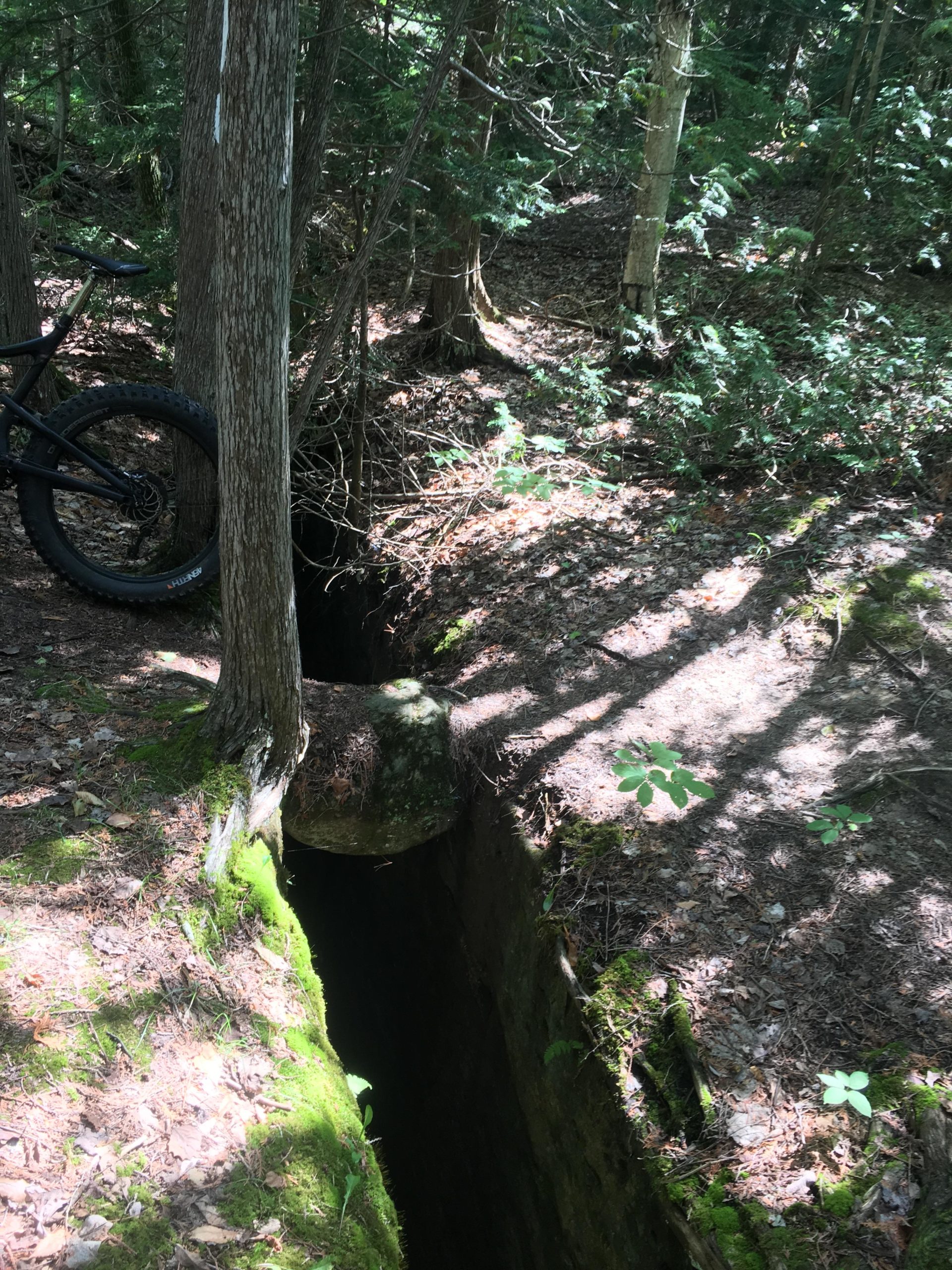 A narrow ravine with a moss-covered base and rocky edges, surrounded by trees in a forested area. A black mountain bike is partially visible on the left side, leaning against a tree. Sunlight filters through the leaves, casting shadows on the ground. Inglis falls West rock mountain bike trail.