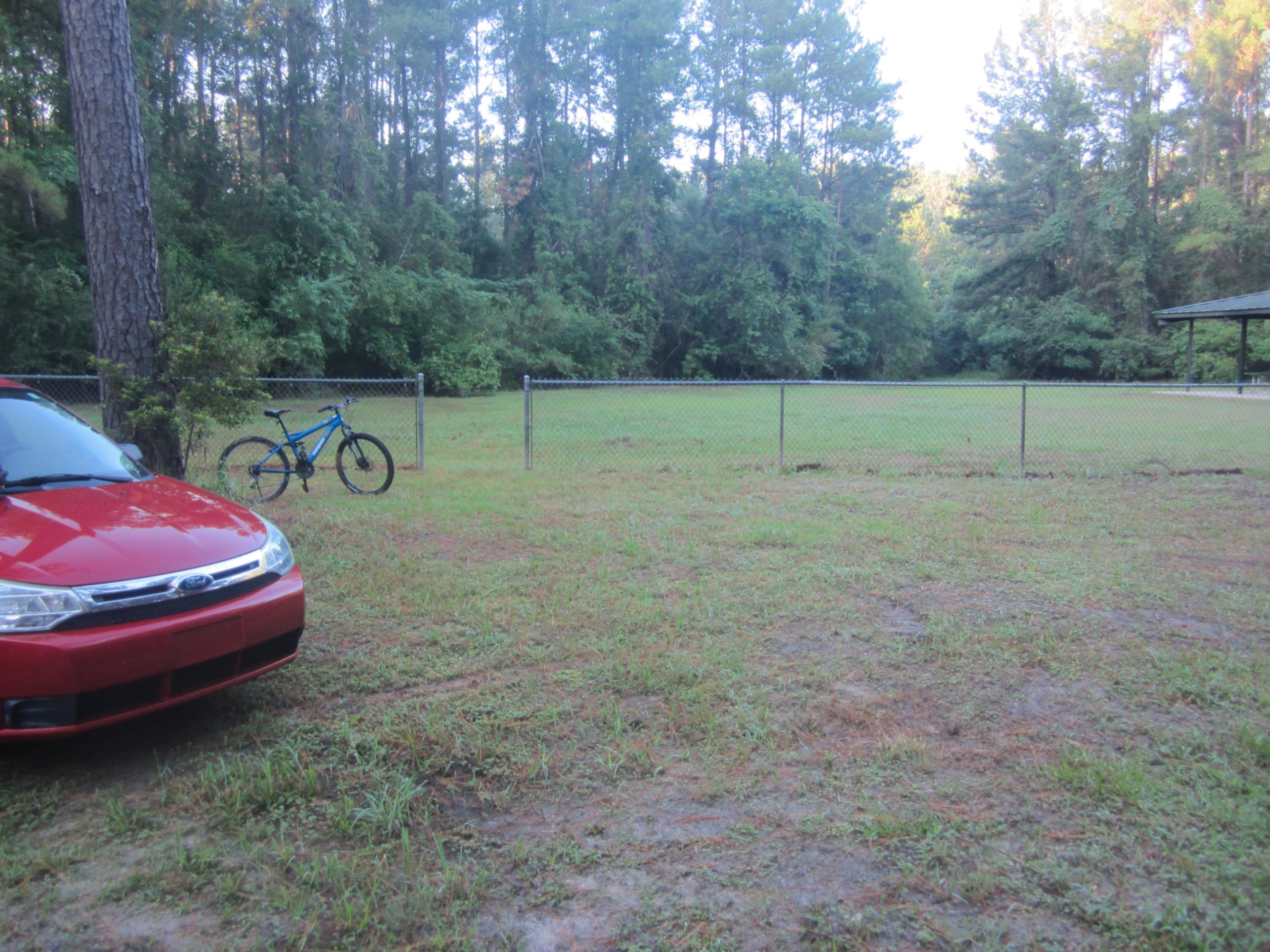 A red car parked on a grassy area next to a blue bicycle, with a chain-link fence in the background that encloses a field surrounded by trees. The scene is set in a natural, wooded environment, suggesting a peaceful outdoor space. Langdale Park Trail System mountain bike trail.