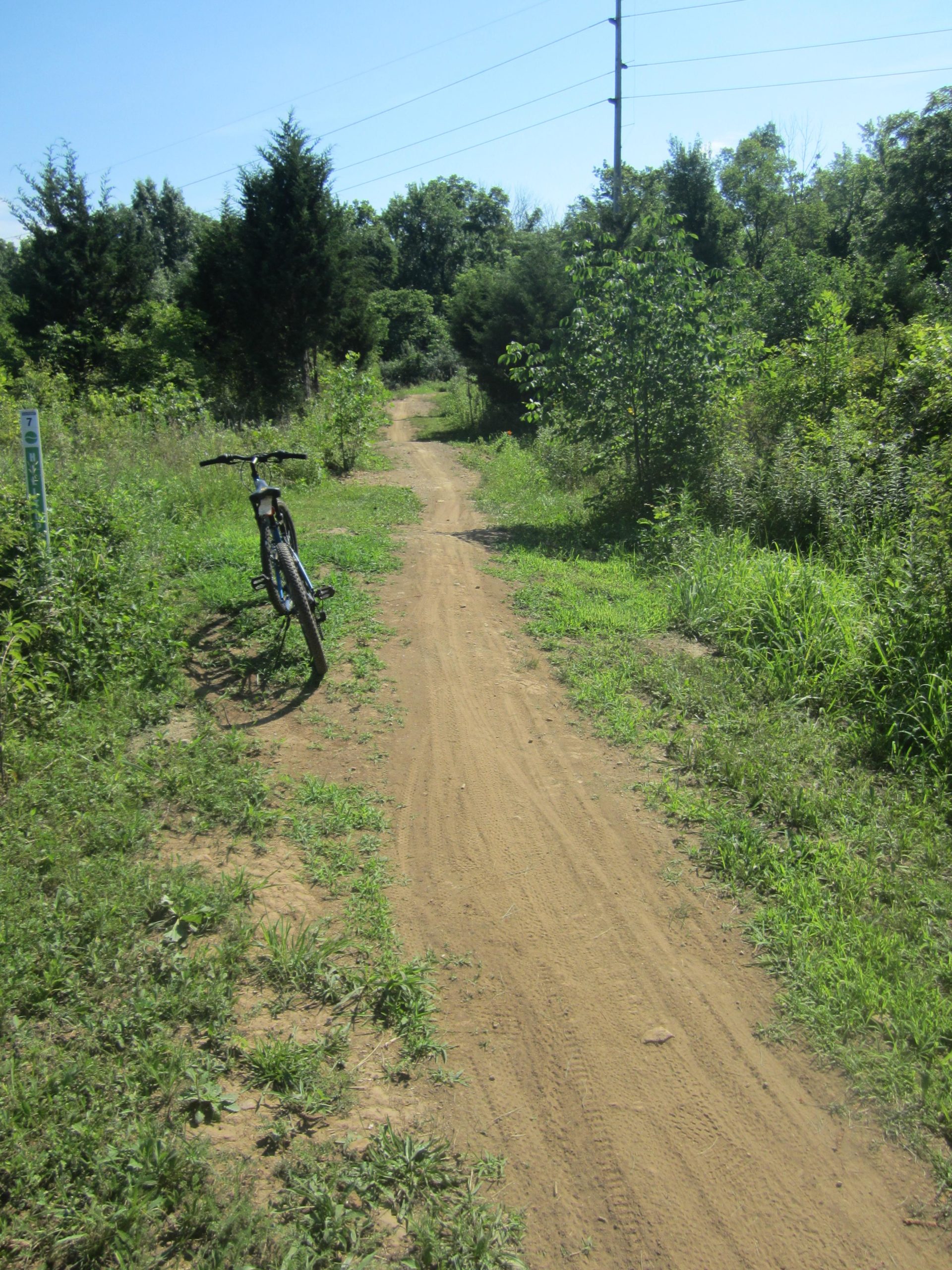 A dirt path through a lush green landscape with a mountain bike resting on the left side. The path is flanked by shrubs and small trees, leading into a wooded area under a clear blue sky. A signpost is visible in the background, indicating the trail number. MoMBA @ Huffman MetroPark mountain bike trail.