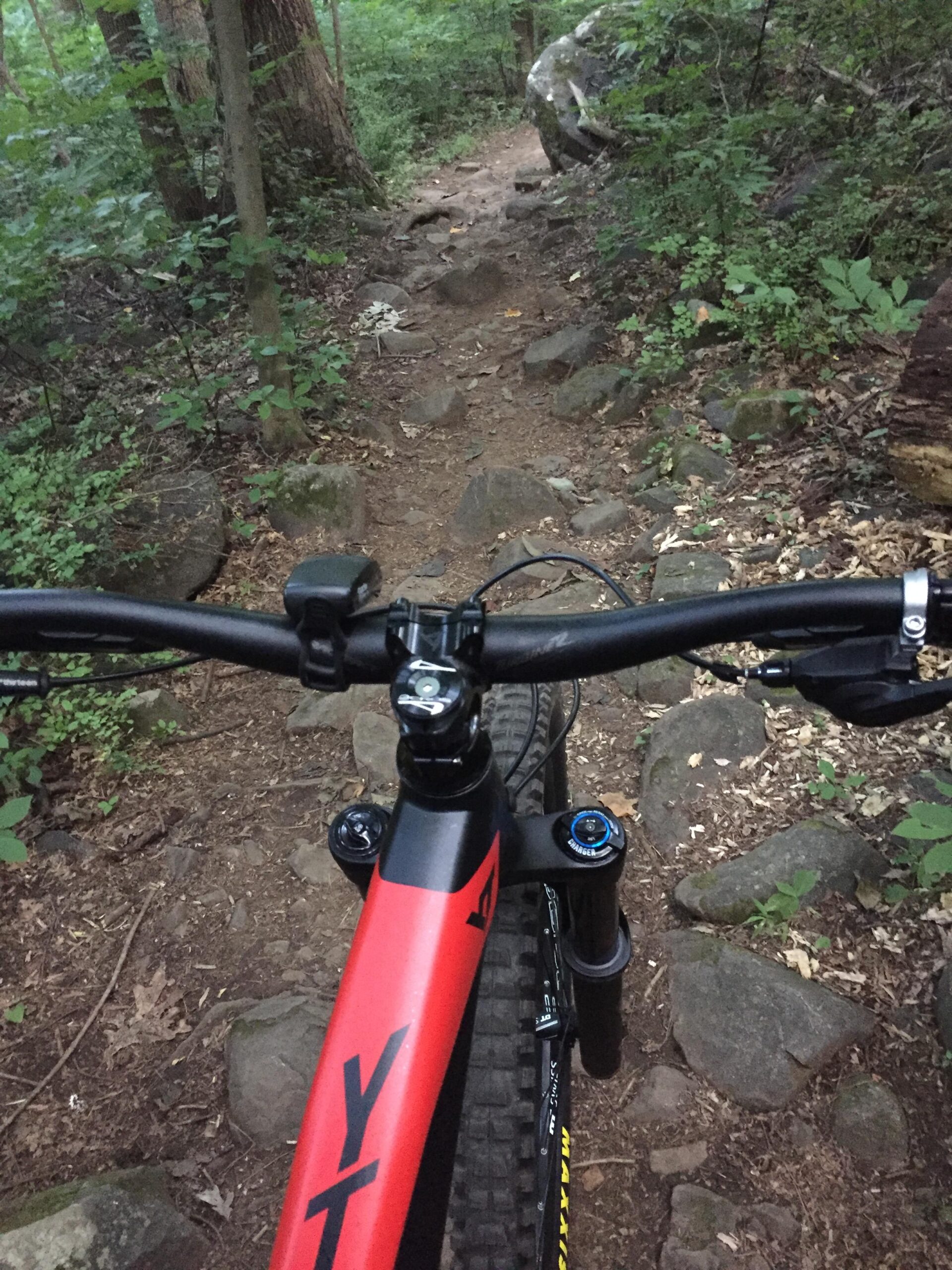 YT Capra: View from the handlebars of a mountain bike on a rocky trail in a wooded area, surrounded by trees and lush greenery.