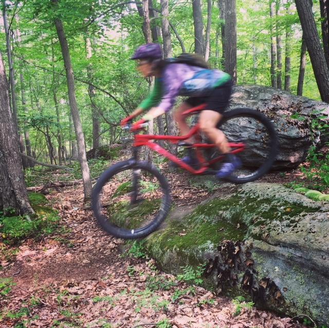 A mountain biker wearing a helmet and colorful clothing jumps off a rock on a forest trail, surrounded by lush green trees and leaves. The motion blur indicates high speed and excitement in the ride. Big Bear Lake Trail Center mountain bike trail.
