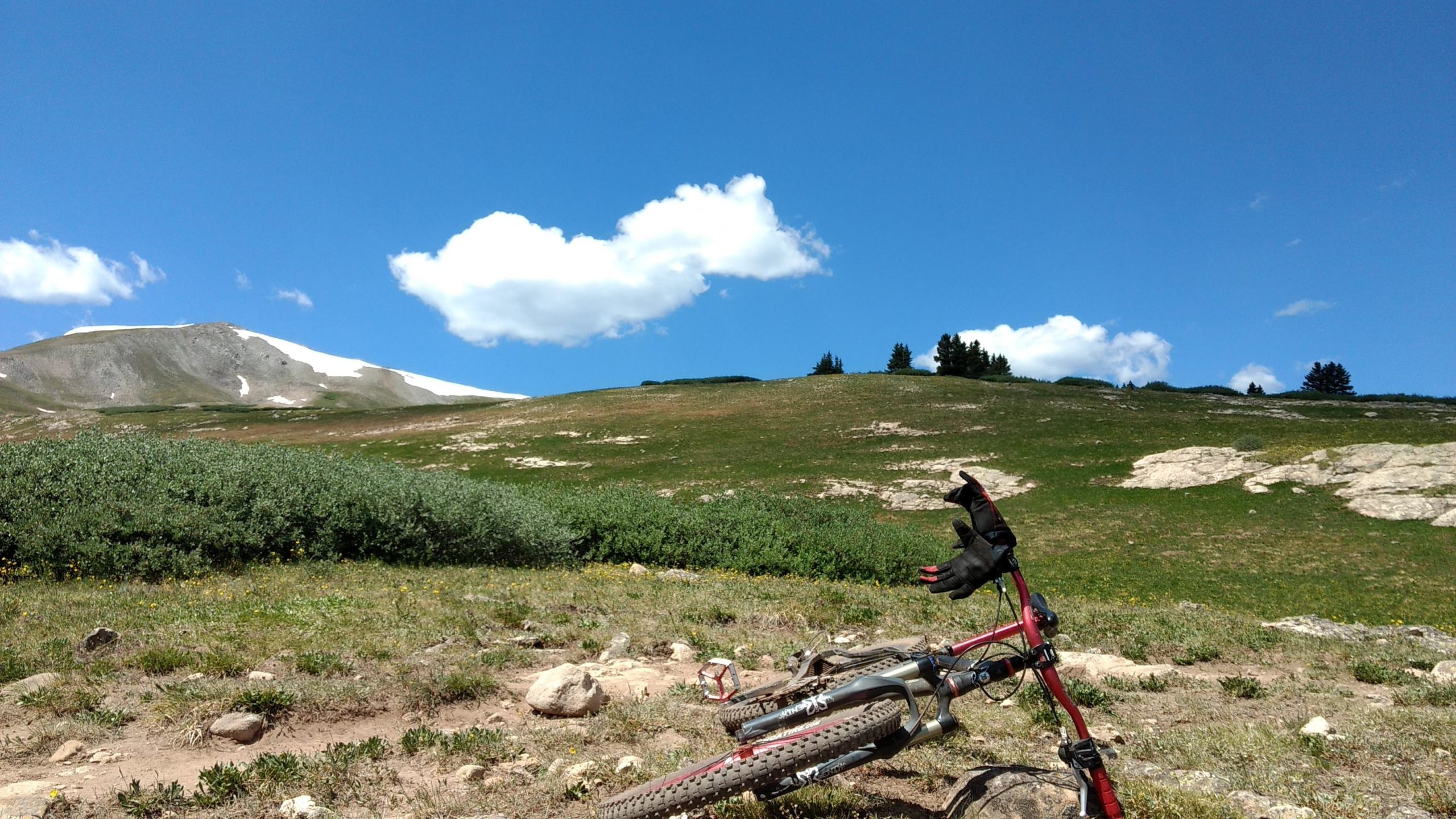 A mountain bike resting on the ground in a grassy landscape, with a backdrop of a snow-capped mountain under a bright blue sky filled with fluffy white clouds. Lush greenery is visible in the foreground, along with rocky patches. Colorado Trail: Searle Pass and Kokomo Pass (Copper Mountain to Camp Hale) mountain bike trail.