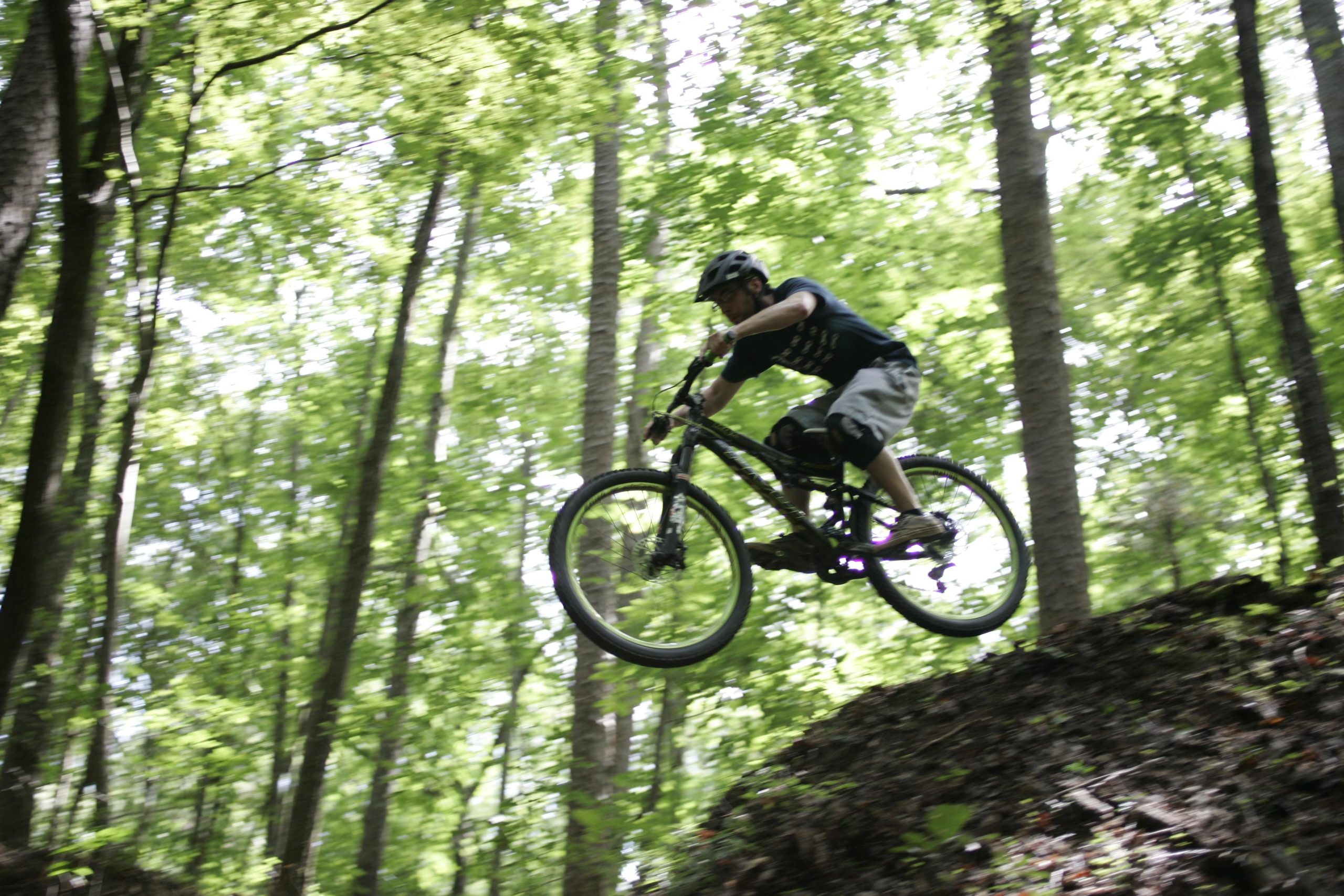 A mountain biker performing a jump off a small hill in a lush green forest, with trees and sunlight filtering through the leaves. The biker is wearing a helmet and protective gear, captured in mid-air with their bike elevated above the ground. Salem Lake mountain bike trail.