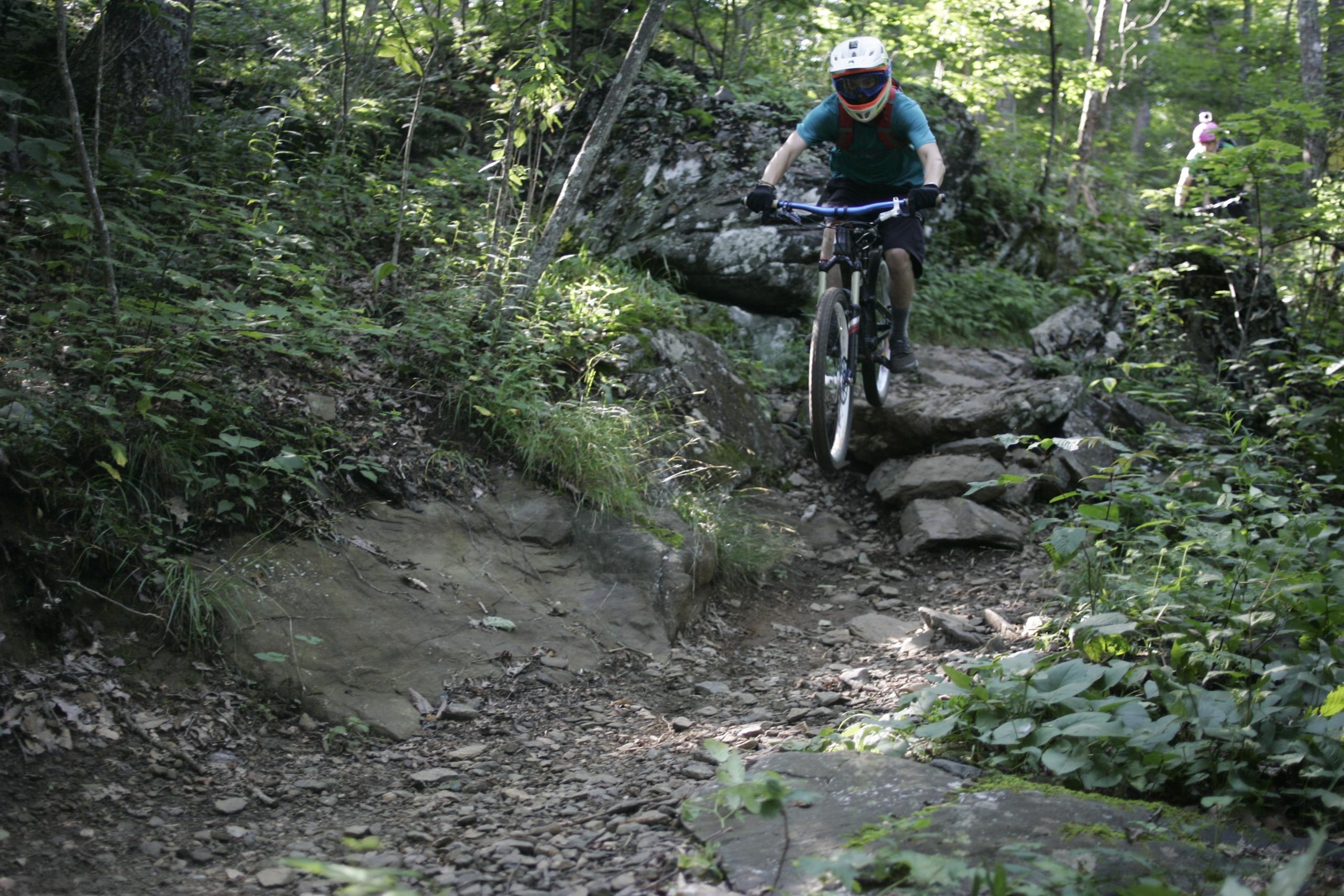 A mountain biker navigating a rocky trail in a lush green forest, with foliage and boulders lining the path. The biker is wearing a helmet and protective gear, focusing on the terrain ahead. In the background, another cyclist is visible, riding along the trail. Rocky Knob Park mountain bike trail.