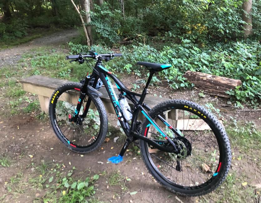 Orbea Occam 29 H20: A black and turquoise mountain bike parked next to a wooden bench in a wooded area, with a gravel path and leafy greenery in the background. The bike features thick tires and a water bottle mounted on the frame.
