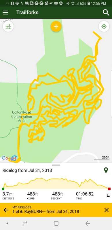 Map showing a trail route with a yellow path indicating a biking or hiking trail in the Colton Road Conservation Area. The map includes distance (3.7 miles), elevation gain (488 feet), and descent (-488 feet), along with a timestamp of 1 hour and 6 minutes for the activity. Singletary Trails mountain bike trail.
