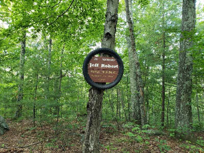 A memorial plaque attached to a tree in a wooded area, inscribed with "In Memory of Jeff Robert, GySgt, U.S.M.C., Semper Fi, Bro, 1967." The plaque is framed by a circular border, surrounded by lush greenery and tall trees. Singletary Trails mountain bike trail.