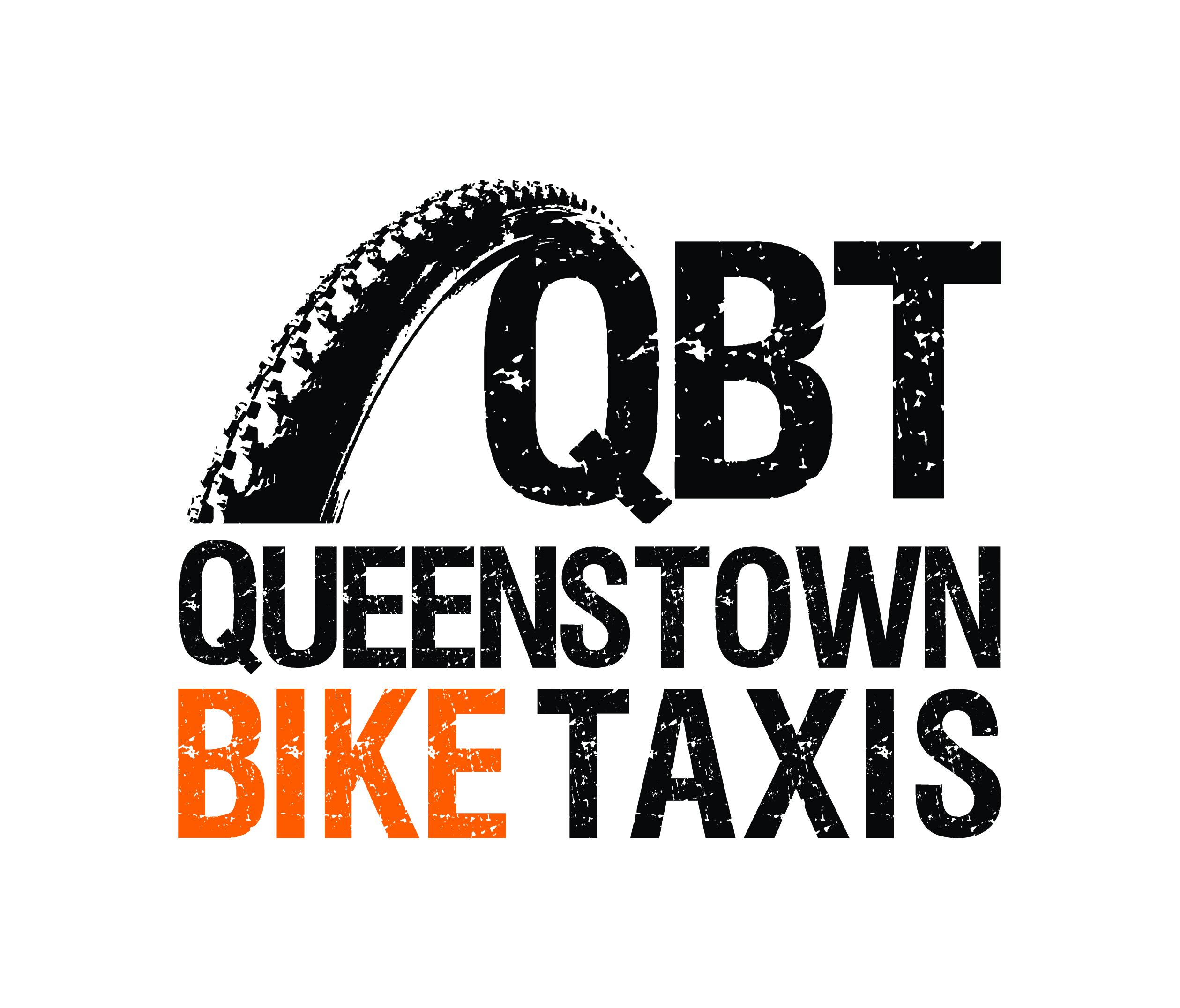 Logo for Queenstown Bike Taxis (QBT) featuring stylized text with a bicycle tire graphic. The logo uses bold black and orange lettering, conveying a rugged, outdoor theme.