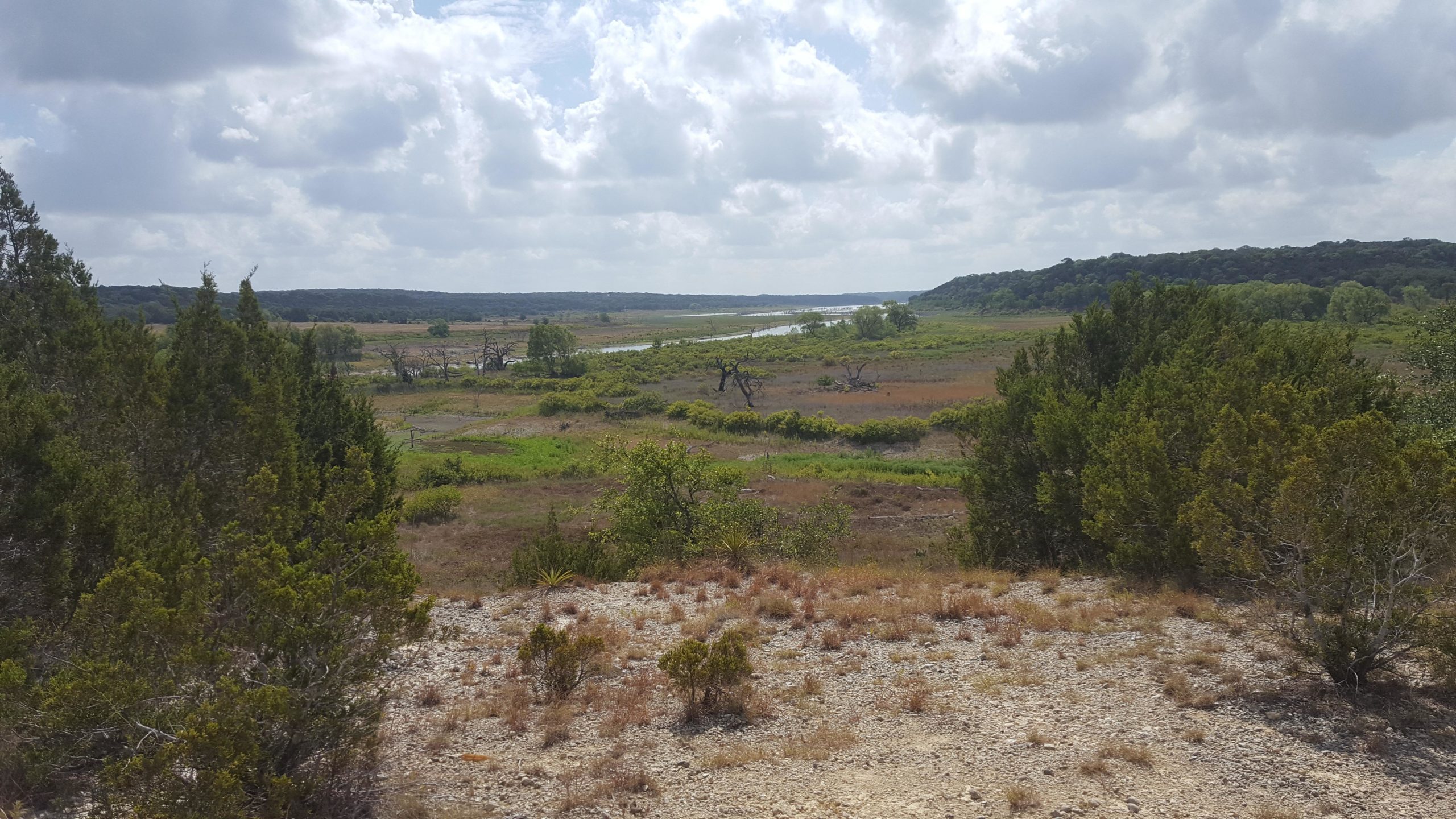 A scenic view of a natural landscape featuring a mix of green vegetation and dry terrain, with a winding river visible in the distance. The sky is partly cloudy, and rolling hills are seen in the background, creating a serene atmosphere. Goodwater Trail mountain bike trail.