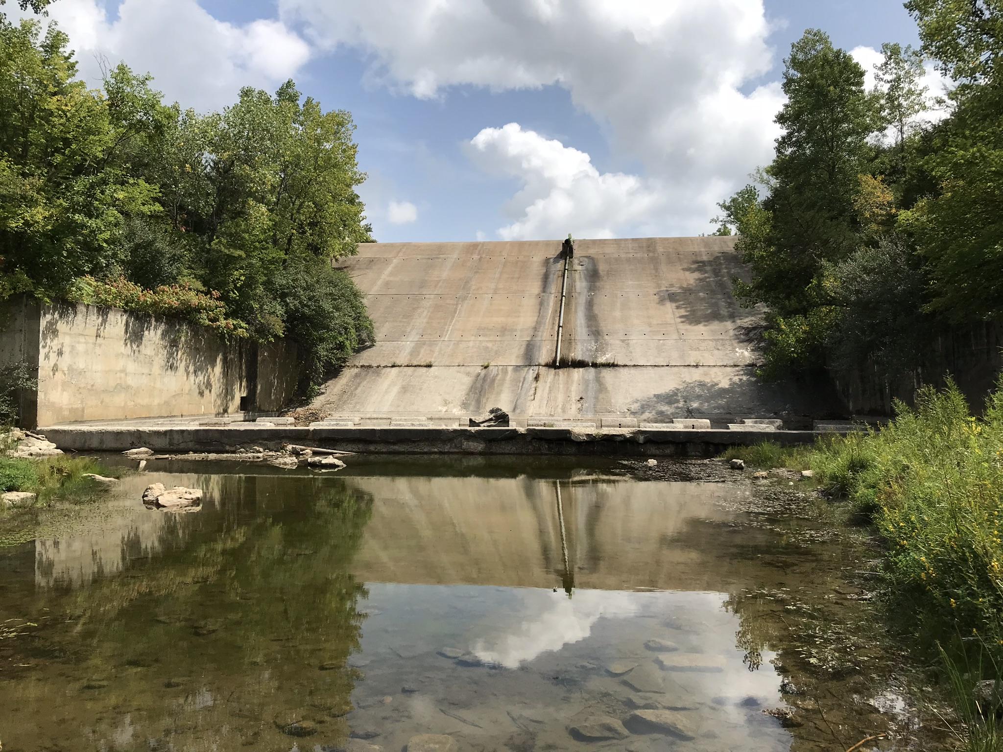 A concrete dam with a sloped surface stands beside a calm body of water, reflecting the surrounding greenery and cloudy sky. The area is overgrown with trees and plants, creating a natural backdrop for the structure. Thousand Hills mountain bike trail.
