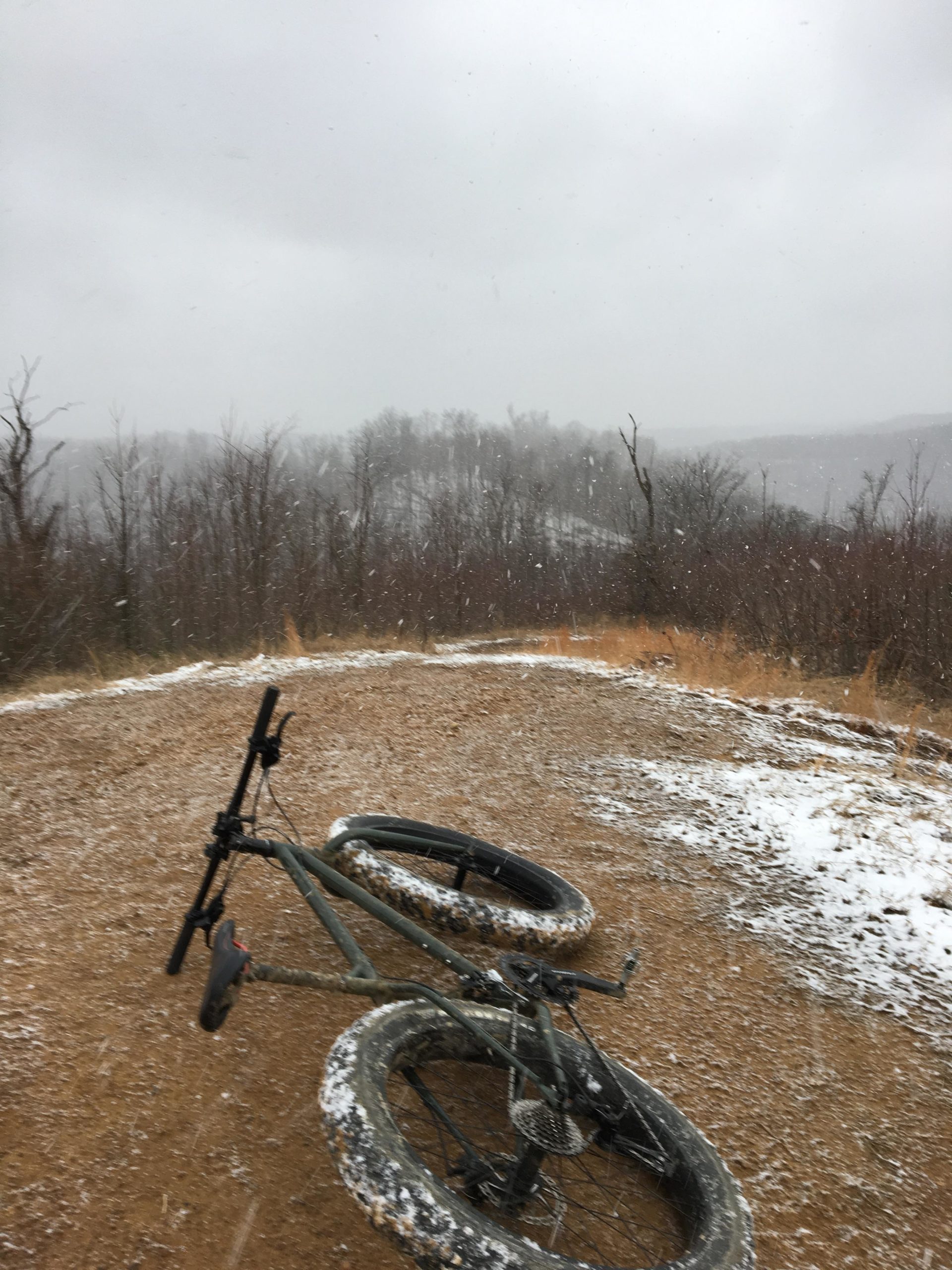A fat bike laying on a snowy trail, surrounded by a winter landscape with bare trees and a gray sky. Snow is falling gently, creating a cold and serene atmosphere. The bike's tires are partially covered in snow, indicating recent use in challenging conditions. Gobblers Knob mountain bike trail.