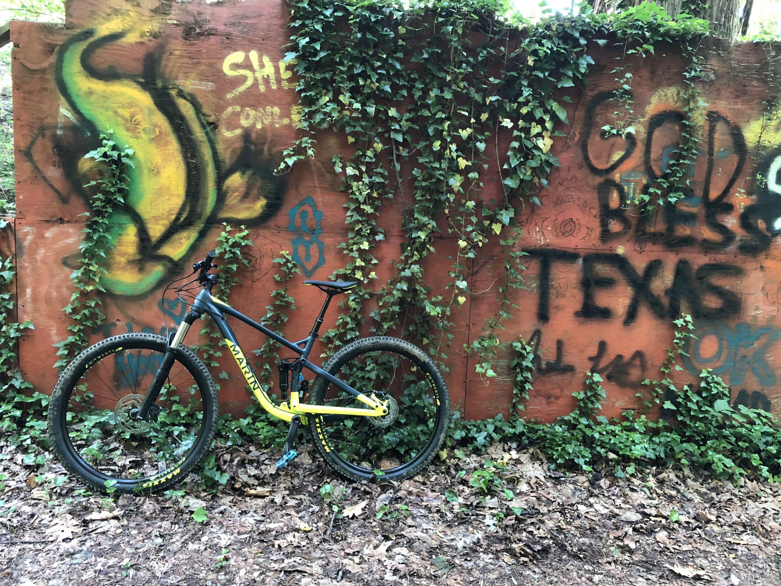 Marin Rift Zone 29er: A mountain bike leaning against a graffiti-covered wall adorned with green ivy, featuring colorful spray-painted designs, including the phrases "God Bless Texas" and other abstract artwork. The ground is covered with fallen leaves, and the setting appears to be a lush, wooded area.