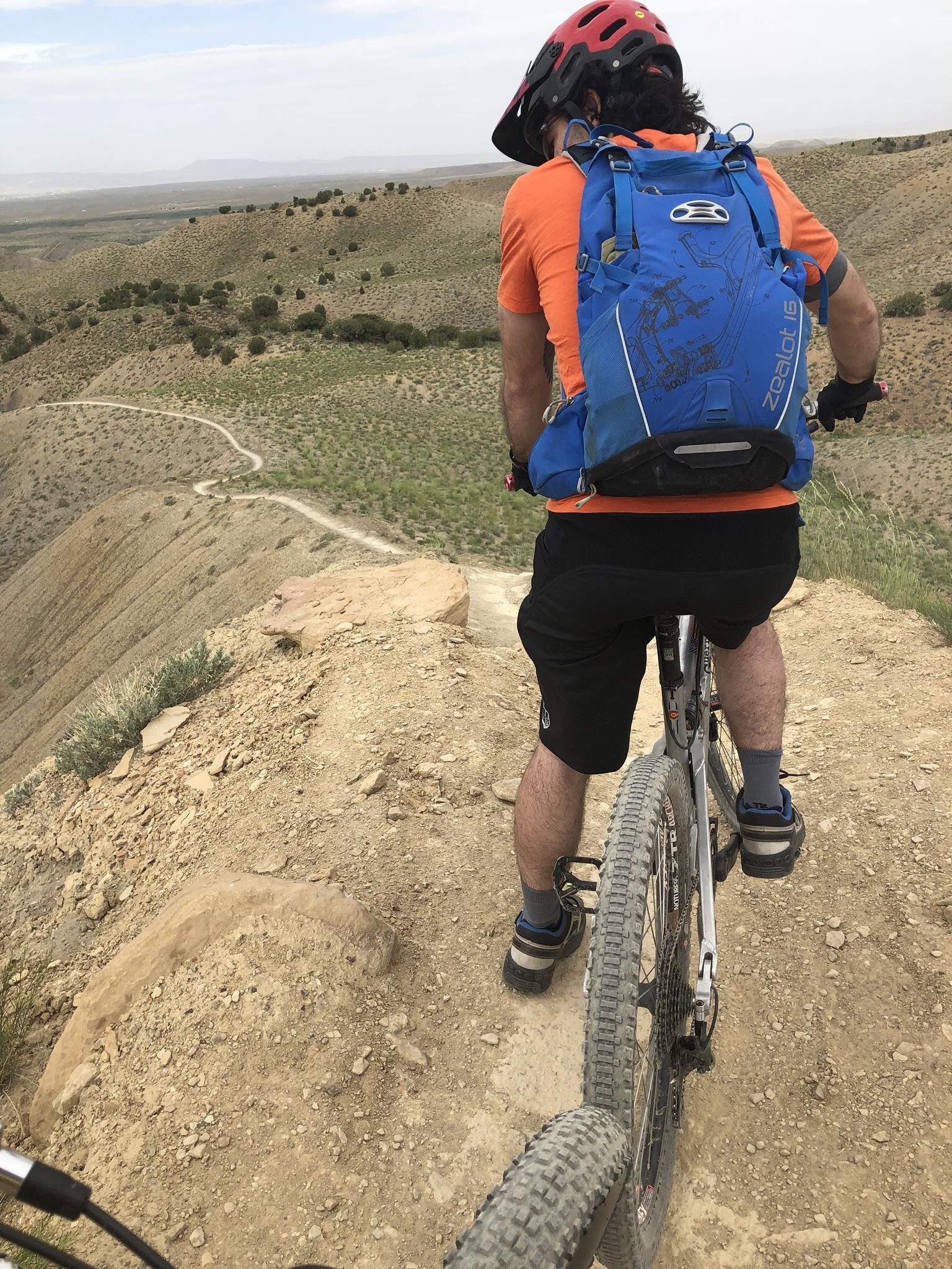 A mountain biker in an orange shirt and blue backpack is preparing to descend from a rocky trail, overlooking a scenic landscape of rolling hills and sparse vegetation. The bike is positioned on a narrow dirt path with a steep drop-off, and the biker is focused on the route ahead. Zippety Do Dah mountain bike trail.