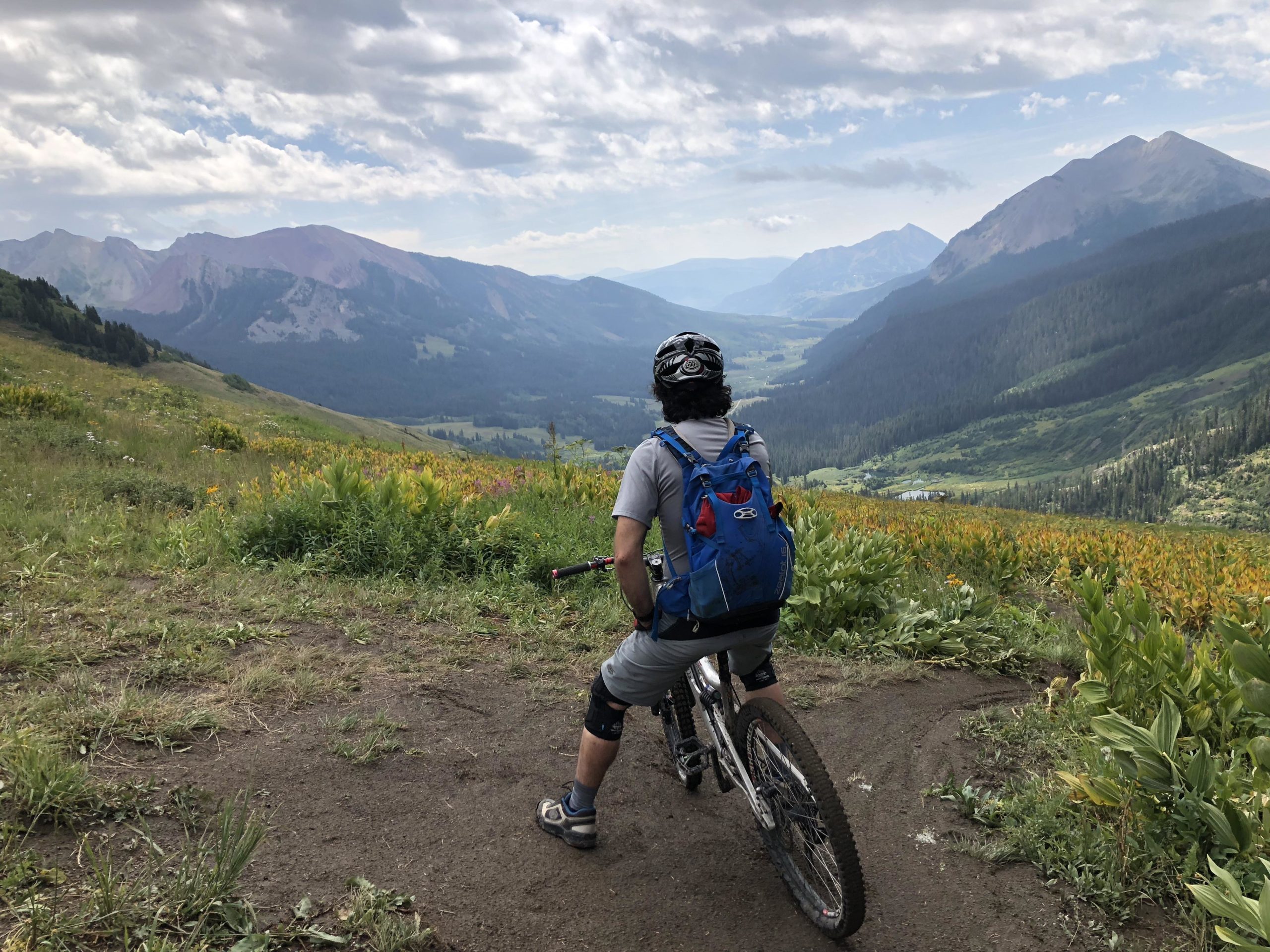 A person on a mountain bike sits on a dirt trail overlooking a lush valley with colorful wildflowers and towering mountains in the background under a partly cloudy sky. The individual is wearing a helmet and a blue backpack, gazing out at the scenic landscape. Trail 401 mountain bike trail.