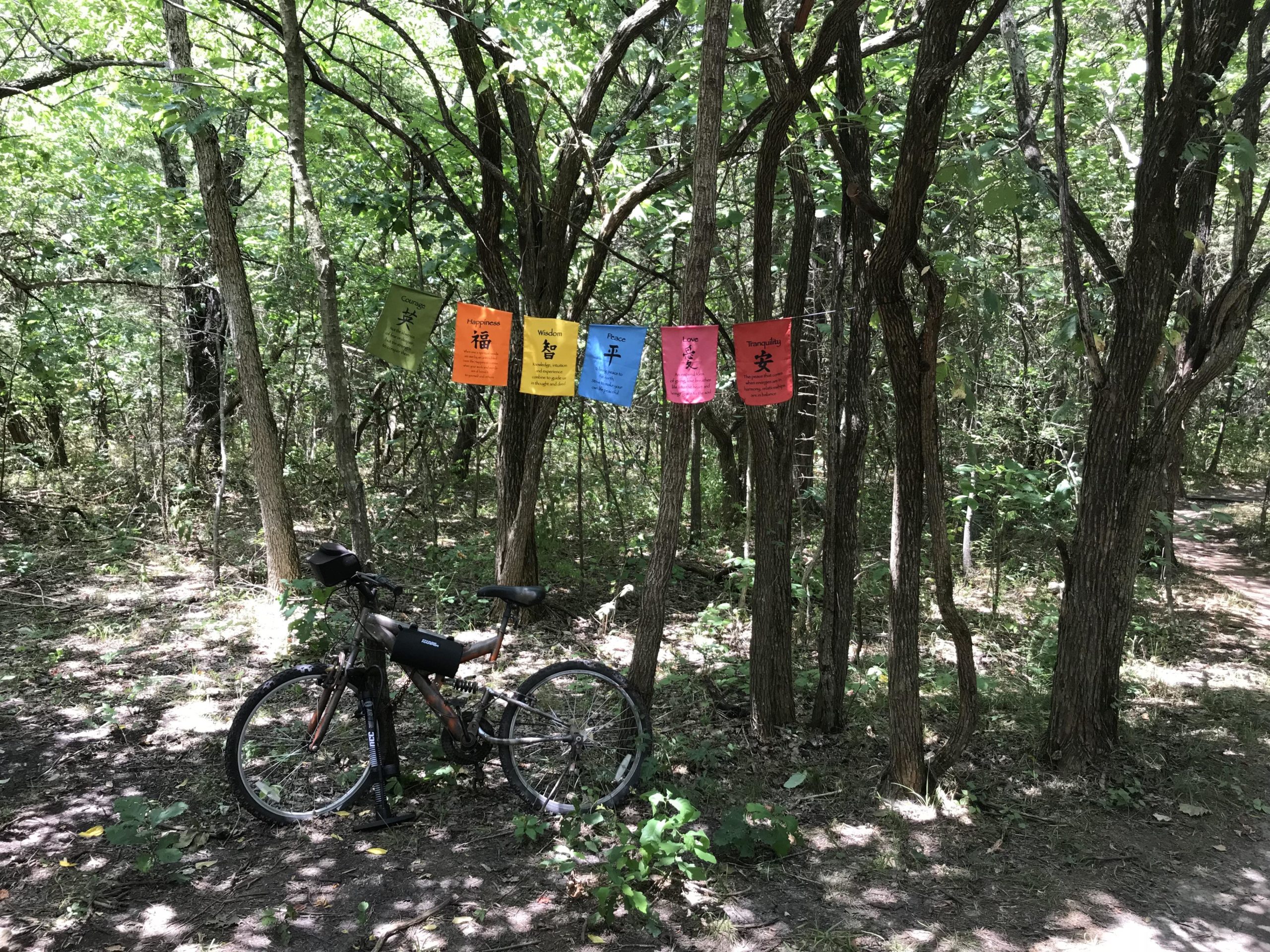 A bicycle parked near a trail in a forest, surrounded by green trees and sunlight. Colorful prayer flags are hanging between the trees, each displaying different symbols or characters, creating a peaceful outdoor scene. Sac River Trail mountain bike trail.
