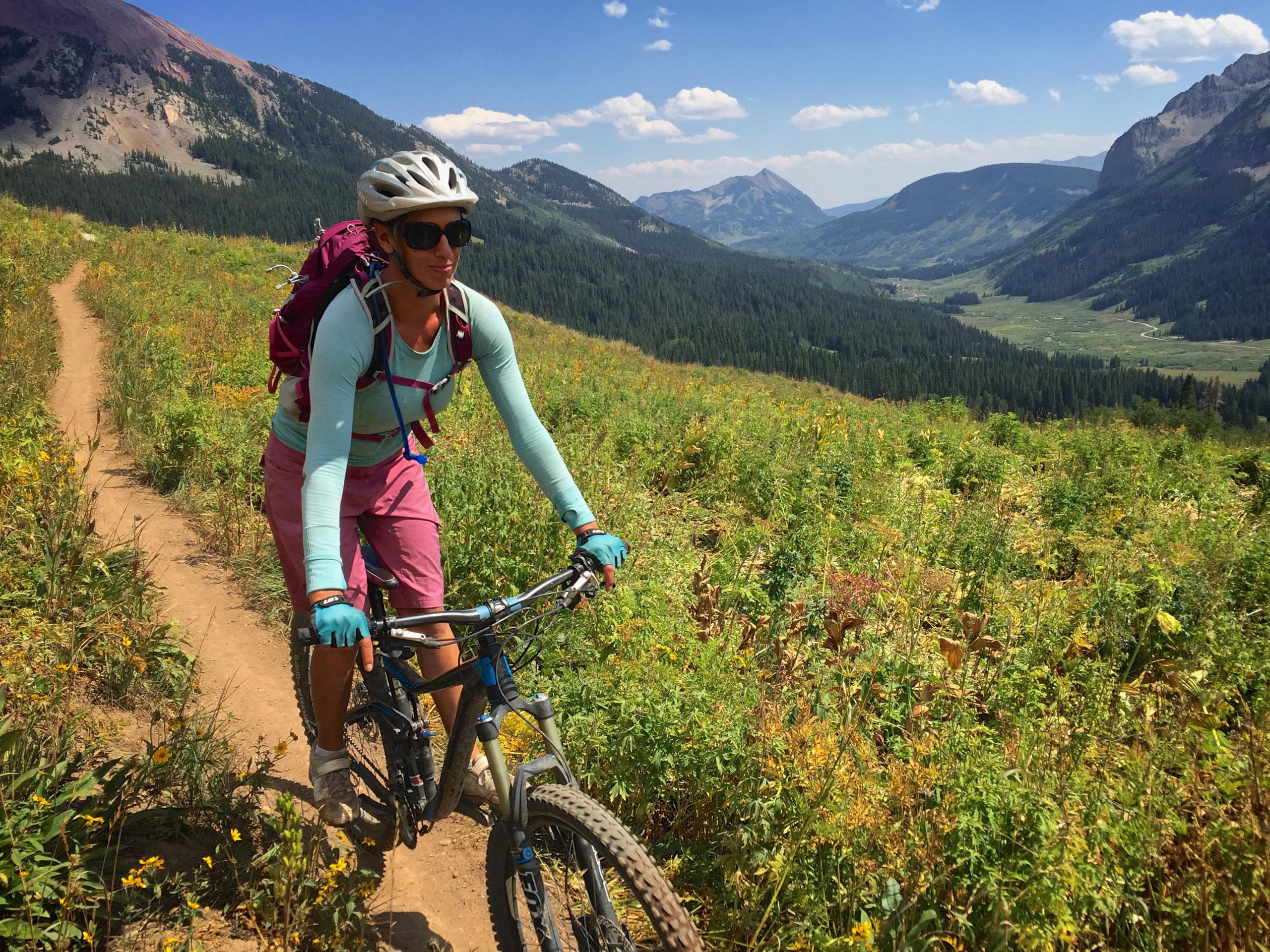 A mountain biker wearing a helmet and sunglasses rides along a dirt trail surrounded by green foliage and wildflowers, with a scenic valley and mountains in the background under a blue sky dotted with clouds. Trail 401 mountain bike trail.