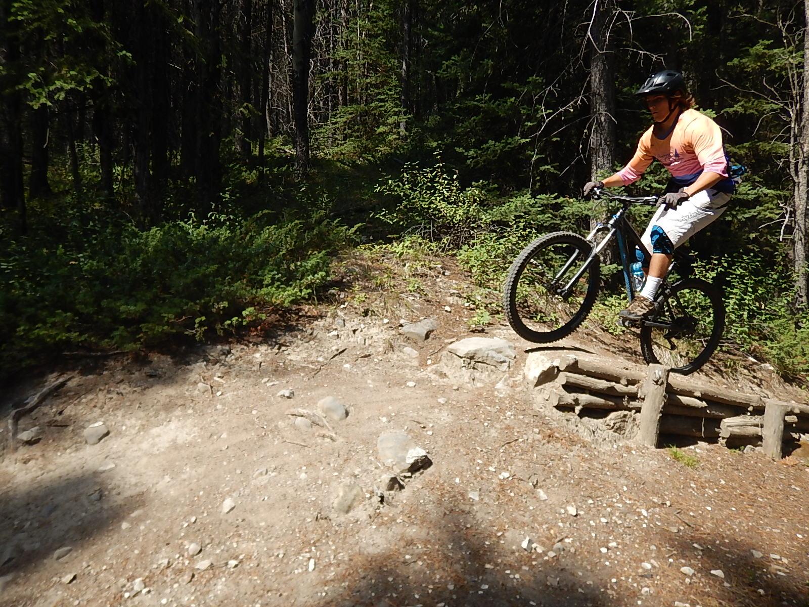 A mountain biker in an orange and blue jersey jumps off a small wooden bridge on a dirt trail surrounded by trees and greenery in a forested area. The rider is wearing a helmet and protective gear, showcasing an action-packed moment in outdoor sports. Stoney Squaw Upper & Lower mountain bike trail.