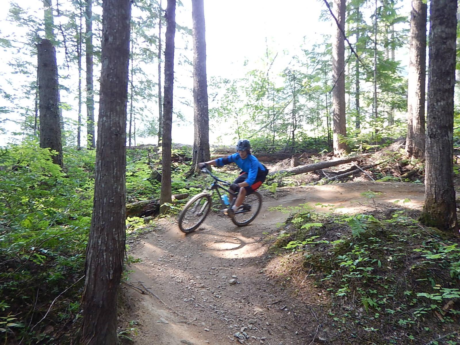 A cyclist wearing a blue shirt and helmet rides a mountain bike along a winding dirt trail in a densely wooded area, surrounded by tall trees and lush greenery. Mt. MacPherson mountain bike trail.