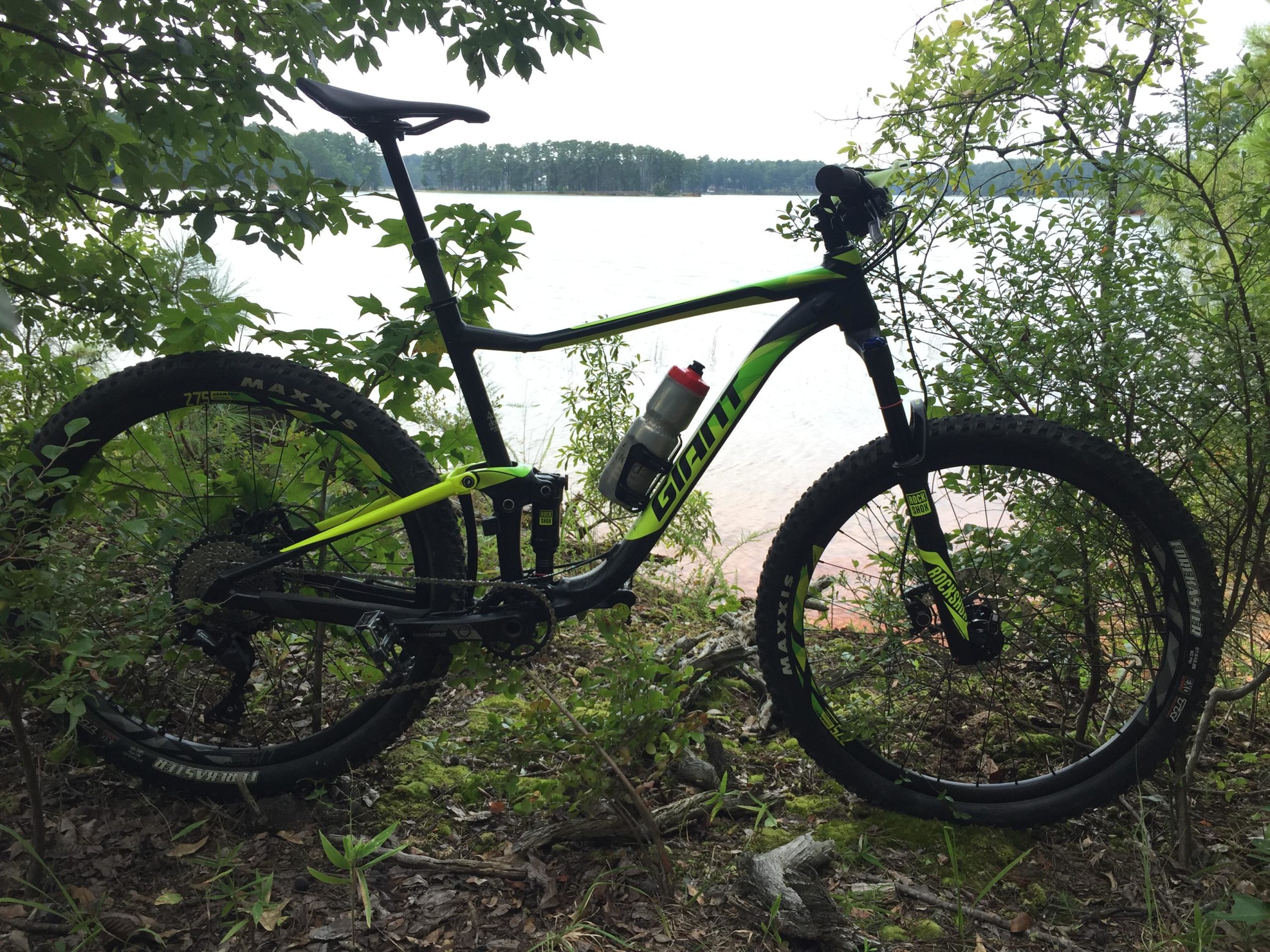 A mountain bike with a sleek black and bright green design is positioned amongst dense foliage, with a serene lake visible in the background. The bike features wide tires and a water bottle attached to its frame, highlighting its suitability for outdoor adventures. Bartram Trail / West Dam / Wildwood Park mountain bike trail.