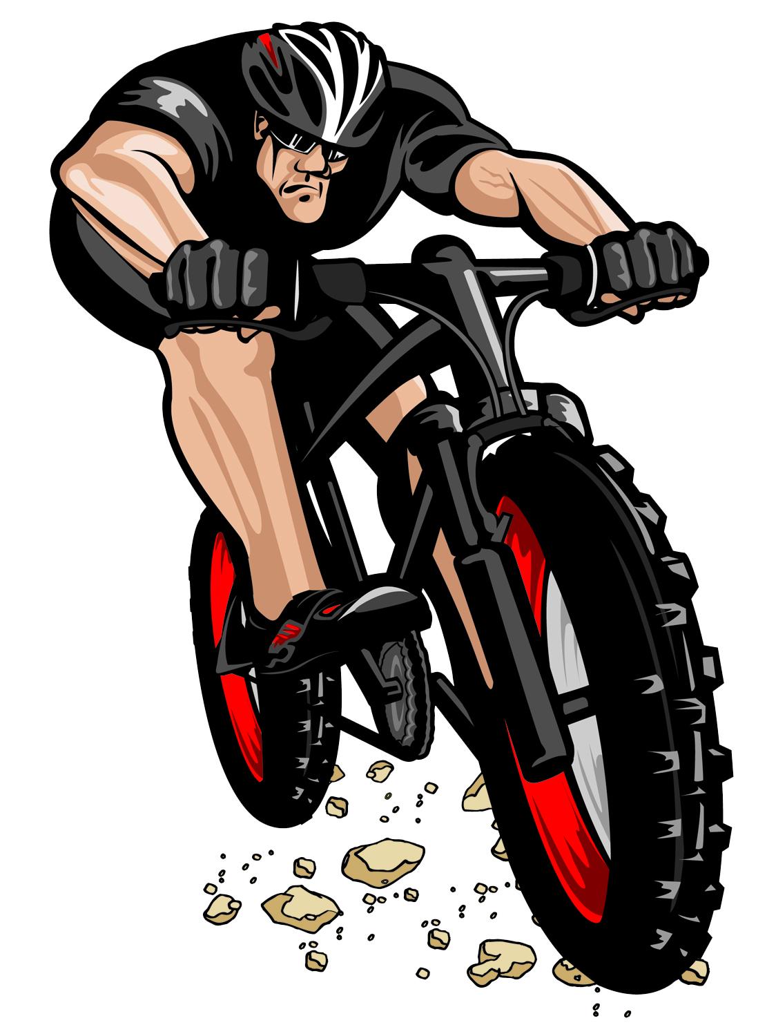 A muscular cyclist wearing a black outfit and helmet rides a mountain bike with red accents. The bike is in motion, kicking up dust and small stones, emphasizing speed and agility.