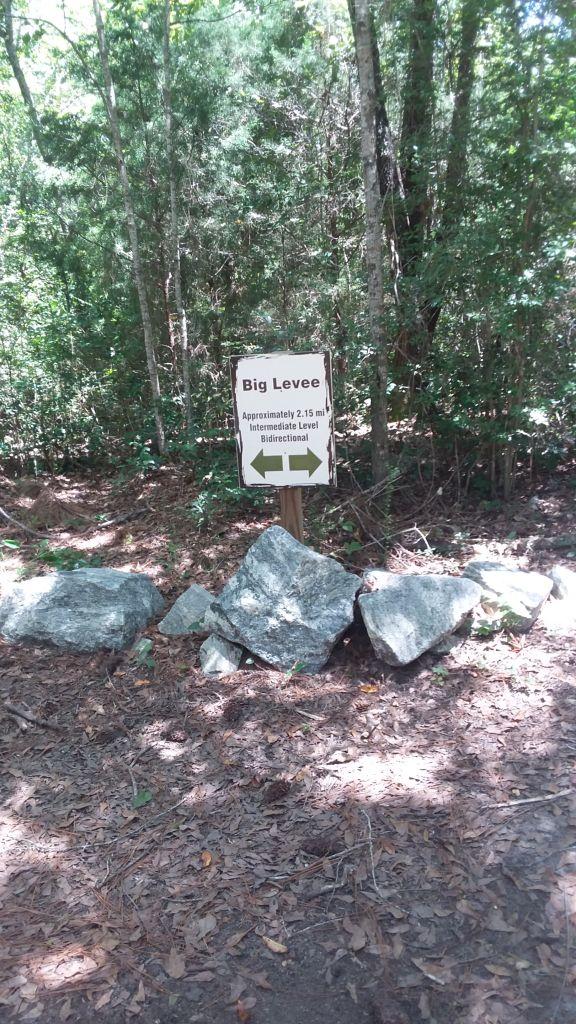 Sign marking the beginning of the Big Levee trail, indicating that it is approximately 2.15 miles long, is at an intermediate level, and allows bidirectional travel. The sign is placed in a wooded area, surrounded by trees and rocks on the ground. Beaver Creek / Forever Wild Trails mountain bike trail.