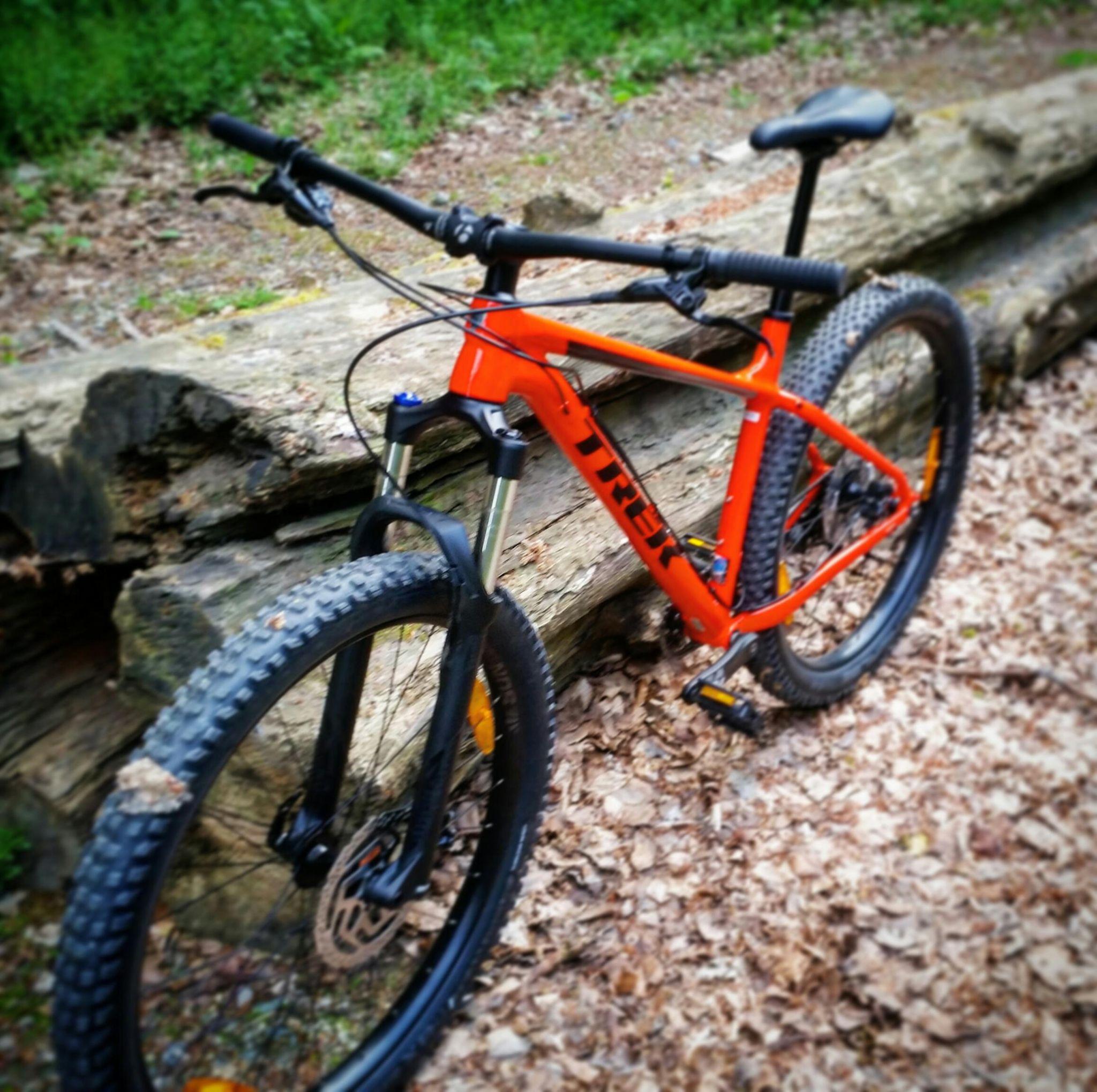 A vibrant orange Trek mountain bike is leaning against a log in a wooded area. The bike features a sturdy frame, thick tires, and front suspension forks, surrounded by fallen leaves and greenery in the background.