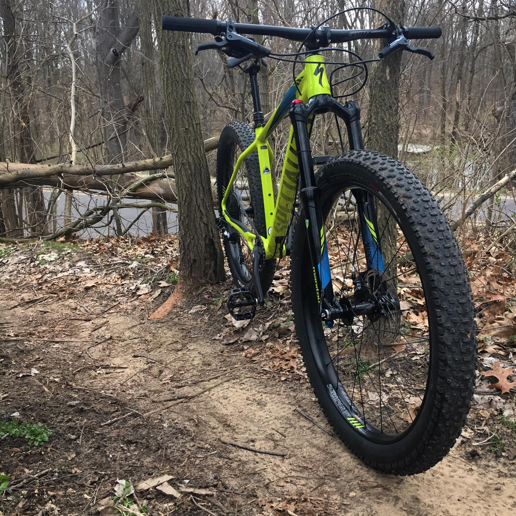 Specialized Fuse Comp 6Fattie: A vibrant yellow and blue mountain bike leaning against a tree on a dirt trail in a wooded area. Fallen leaves and twigs are scattered on the ground, and a calm body of water is visible in the background.
