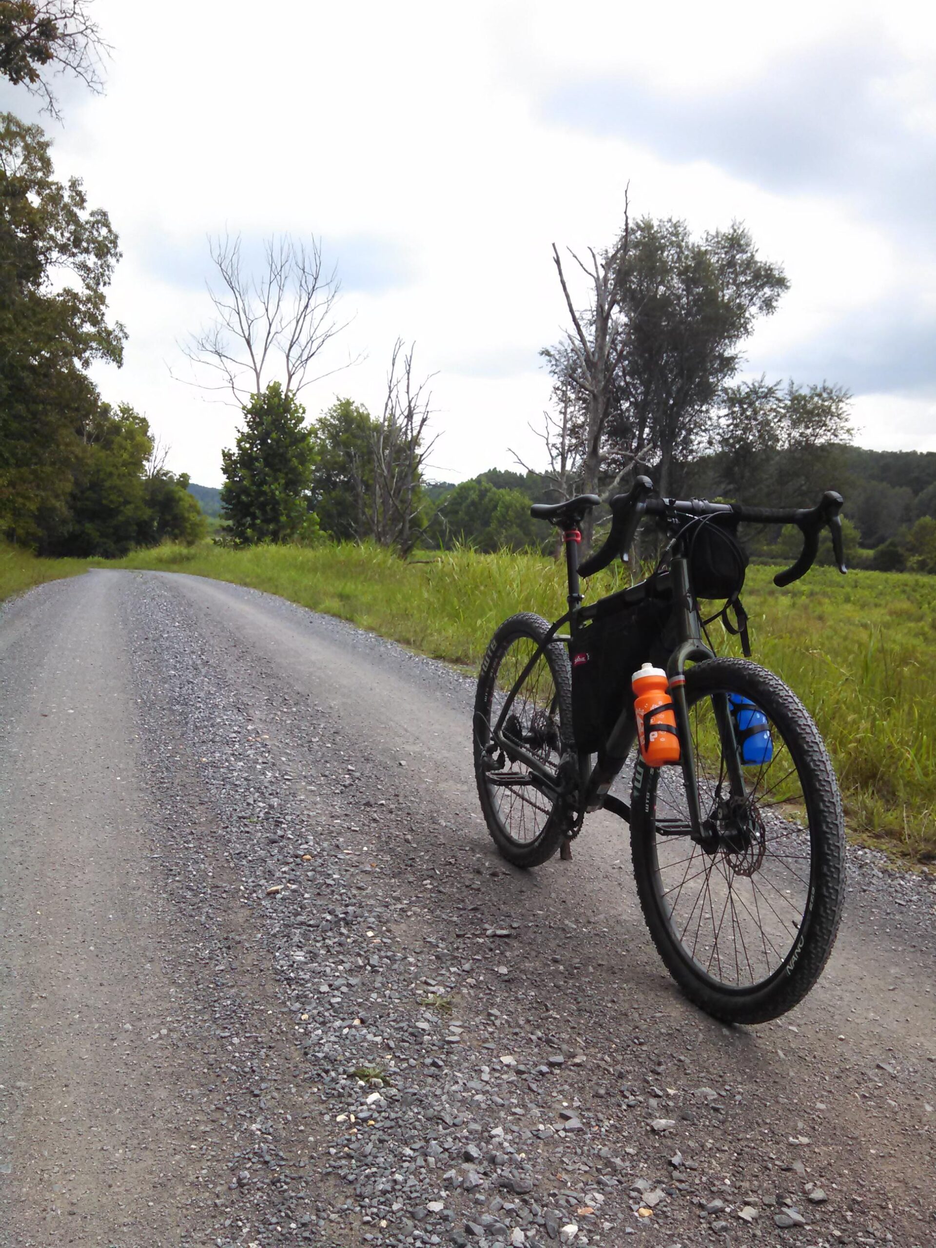 Salsa Jouneryman: A gravel road surrounded by greenery with a black bicycle positioned on the right. The bicycle has orange and blue water bottles attached and is leaning against a grassy verge. The landscape features trees and a cloudy sky in the background.