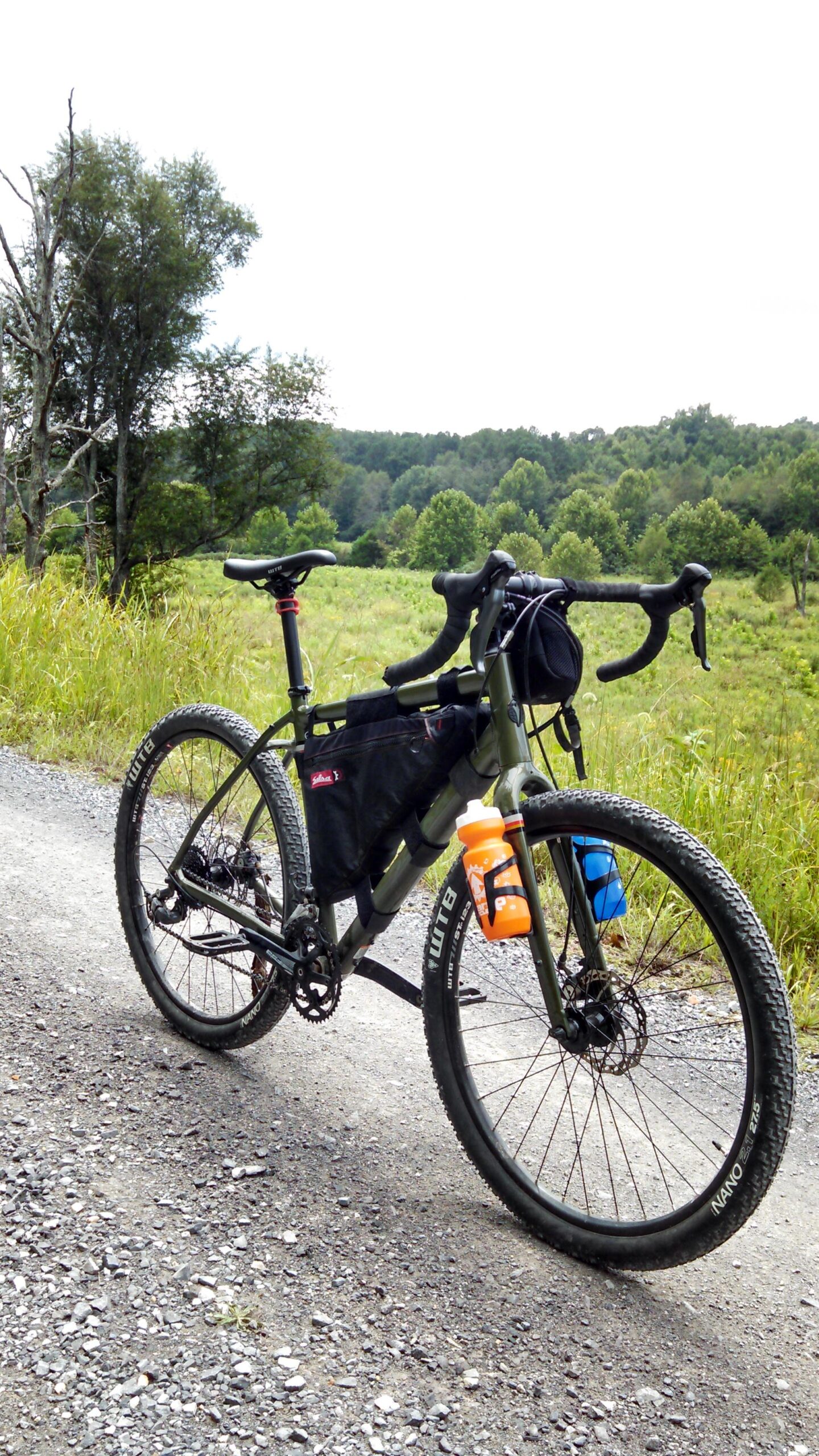 Salsa Jouneryman: A green bicycle with multiple gear options is parked on a gravel path, surrounded by lush greenery and trees in the background. The bike has a black bag attached to the frame and two water bottles, one orange and one blue, mounted on the sides.