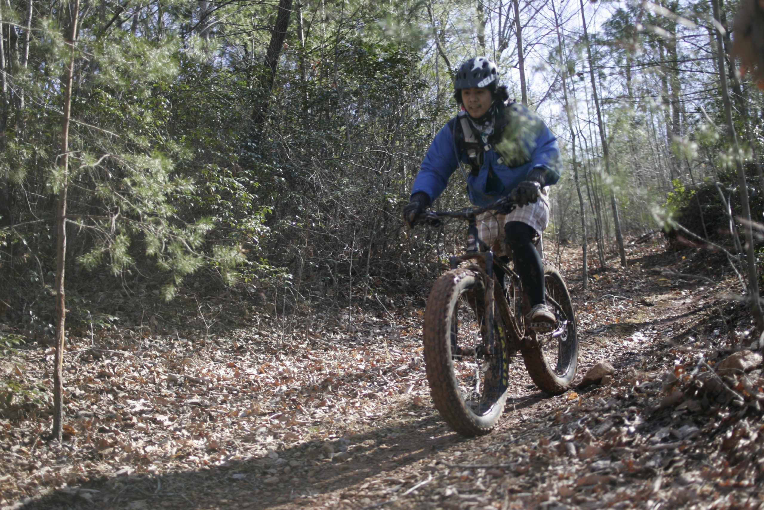 A person riding a fat-tire mountain bike along a dirt trail in a forest. The rider is wearing a blue jacket, helmet, and gloves, with trees and fallen leaves visible in the surrounding environment. Woolwine Trails [Shiners Revenge] mountain bike trail.