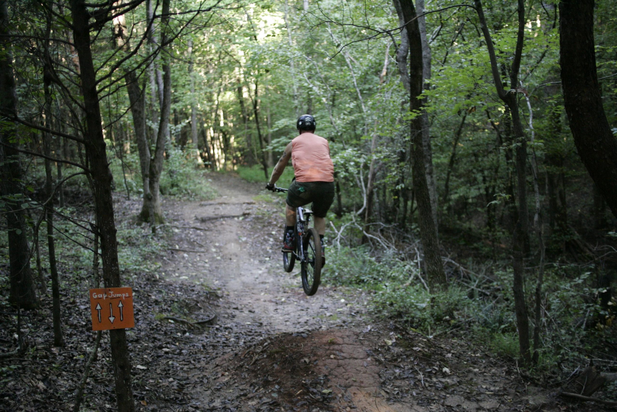 A mountain biker leaping off a small jump on a forest trail, surrounded by lush green trees and foliage. A sign nearby indicates "Gap Jumps," directing riders on the trail. The scene captures the excitement of outdoor biking in nature. Angler's Ridge mountain bike trail.