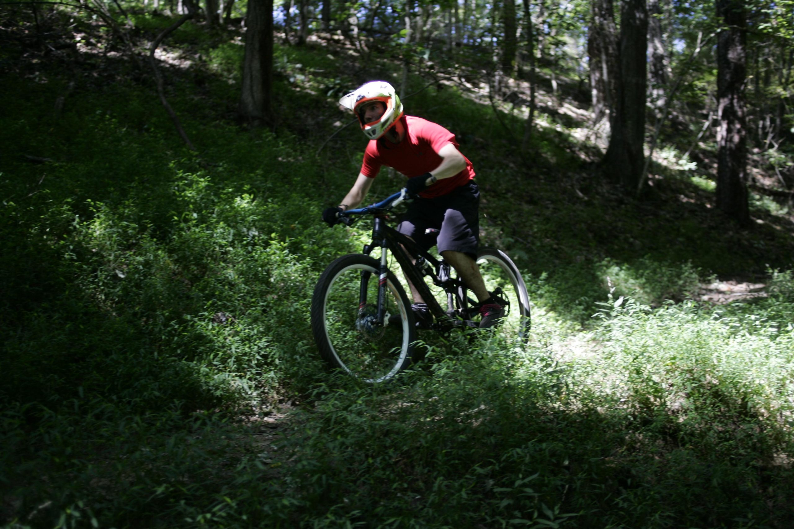 A mountain biker wearing a red shirt and a helmet rides through a green, wooded trail. Sunlight filters through the trees, creating a play of light and shadow on the path covered with grass. Angler's Ridge mountain bike trail.