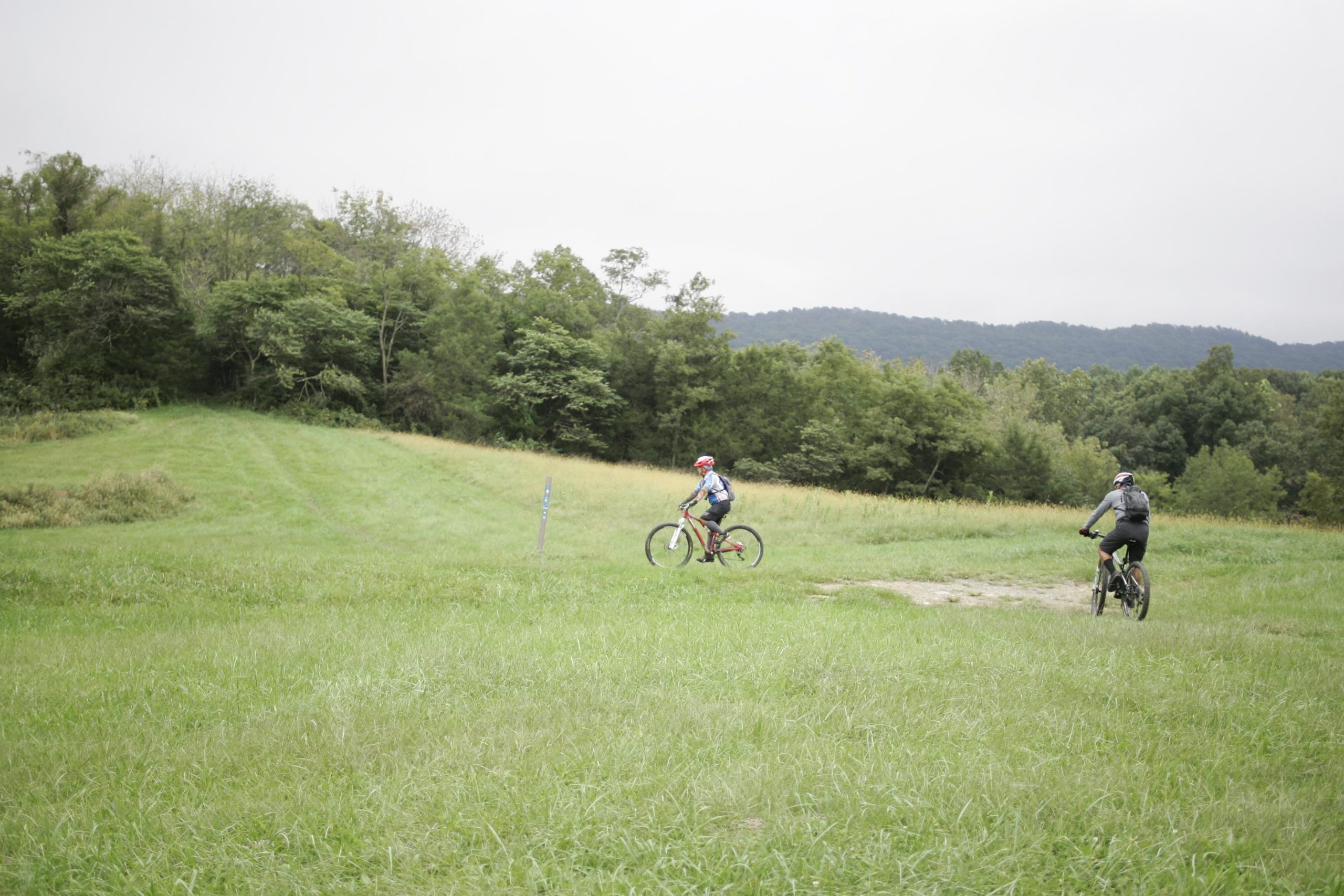 Two mountain bikers riding on a grassy trail in a rural setting. The background features green trees and a distant mountain range under a cloudy sky. Massanutten Western Slope mountain bike trail.