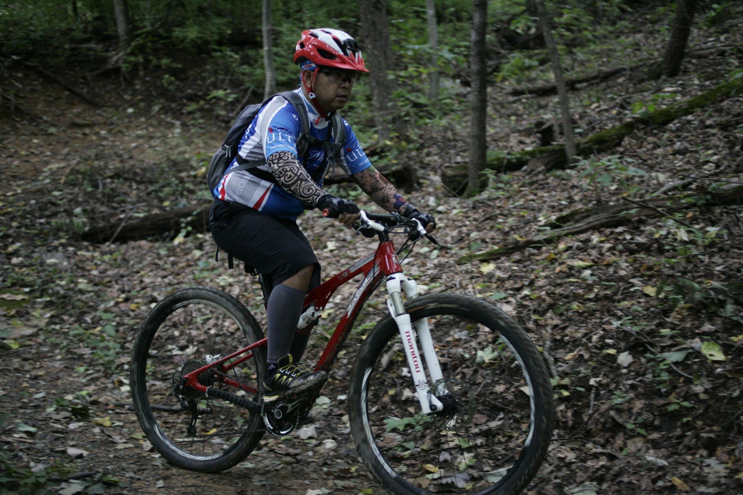 A mountain biker riding on a forest trail, wearing a helmet and a blue shirt with red and white accents. The biker has tattoos on their arms and is navigating through a landscape covered in fallen leaves and greenery. Massanutten Western Slope mountain bike trail.