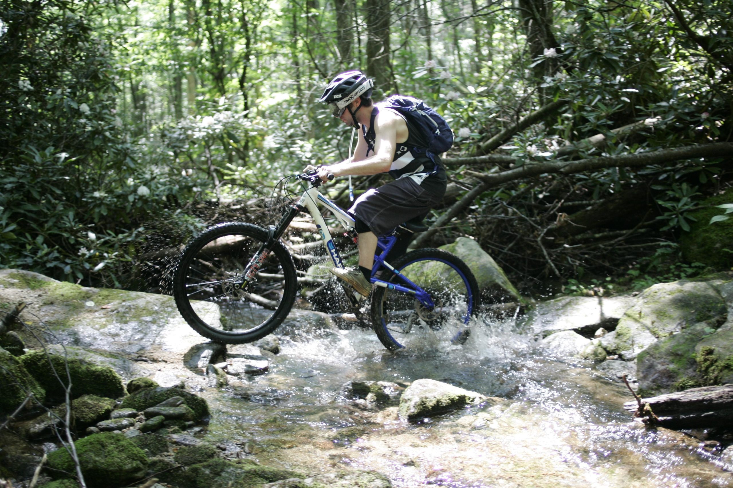 A mountain biker riding through a stream in a dense, green forest. The cyclist is wearing a helmet and a backpack, navigating over rocks while splashing water around. Sunlight filters through the trees, creating a vibrant outdoor scene. Table Rock mountain bike trail.