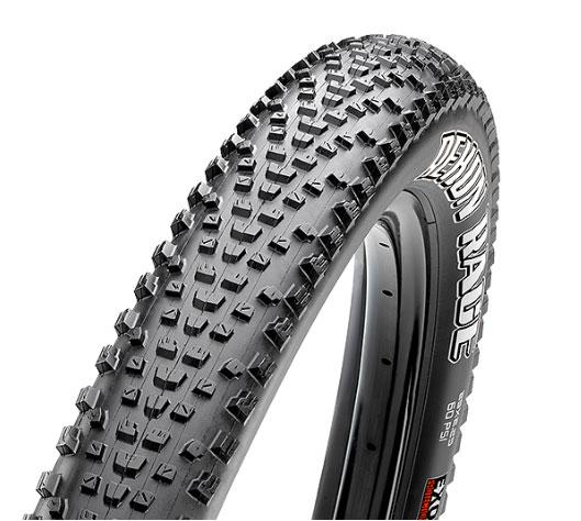 Maxxis Rekon Race: High-resolution image of a mountain bike tire featuring a tread pattern designed for optimal grip and traction on various terrains. The tire is shown from an angle that highlights its raised knobs and branded sidewall.