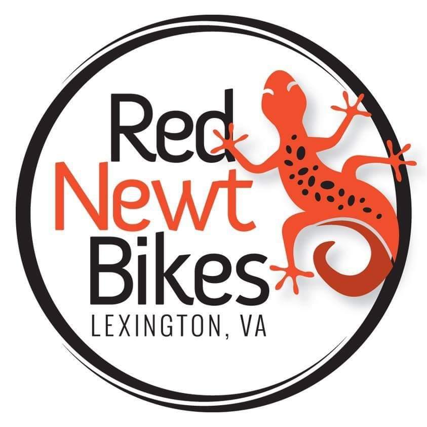 Logo for Red Newt Bikes, featuring the name prominently in bold text. The word "Red" is in orange, "Newt" in black, and "Bikes" in black as well. A stylized red newt with black spots is depicted next to the text, set within a circular border. The location, "Lexington, VA," is included at the bottom.