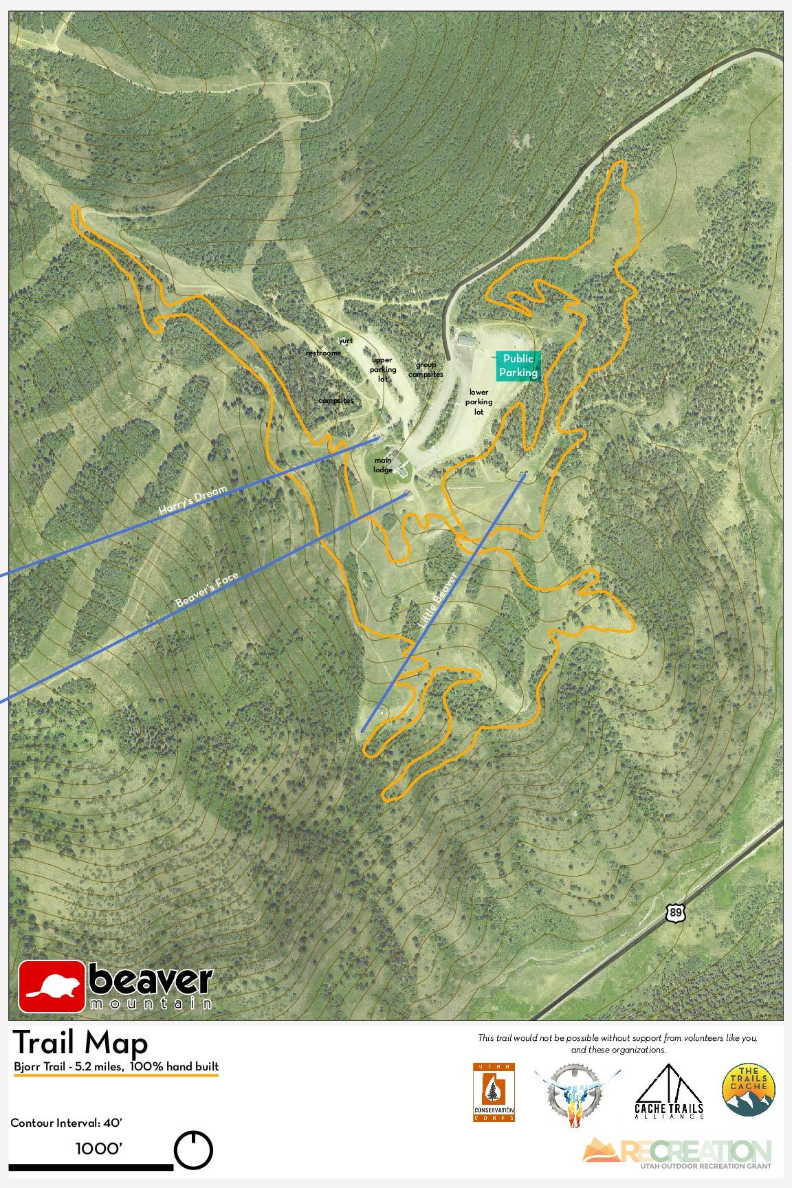 **Alt text:** Trail map of Bjørr Trail at Beaver Mountain, featuring a 5.2-mile route with contour lines. Key features include public parking areas, trail names, and details about the terrain and trail construction. Björr Trail mountain bike trail.