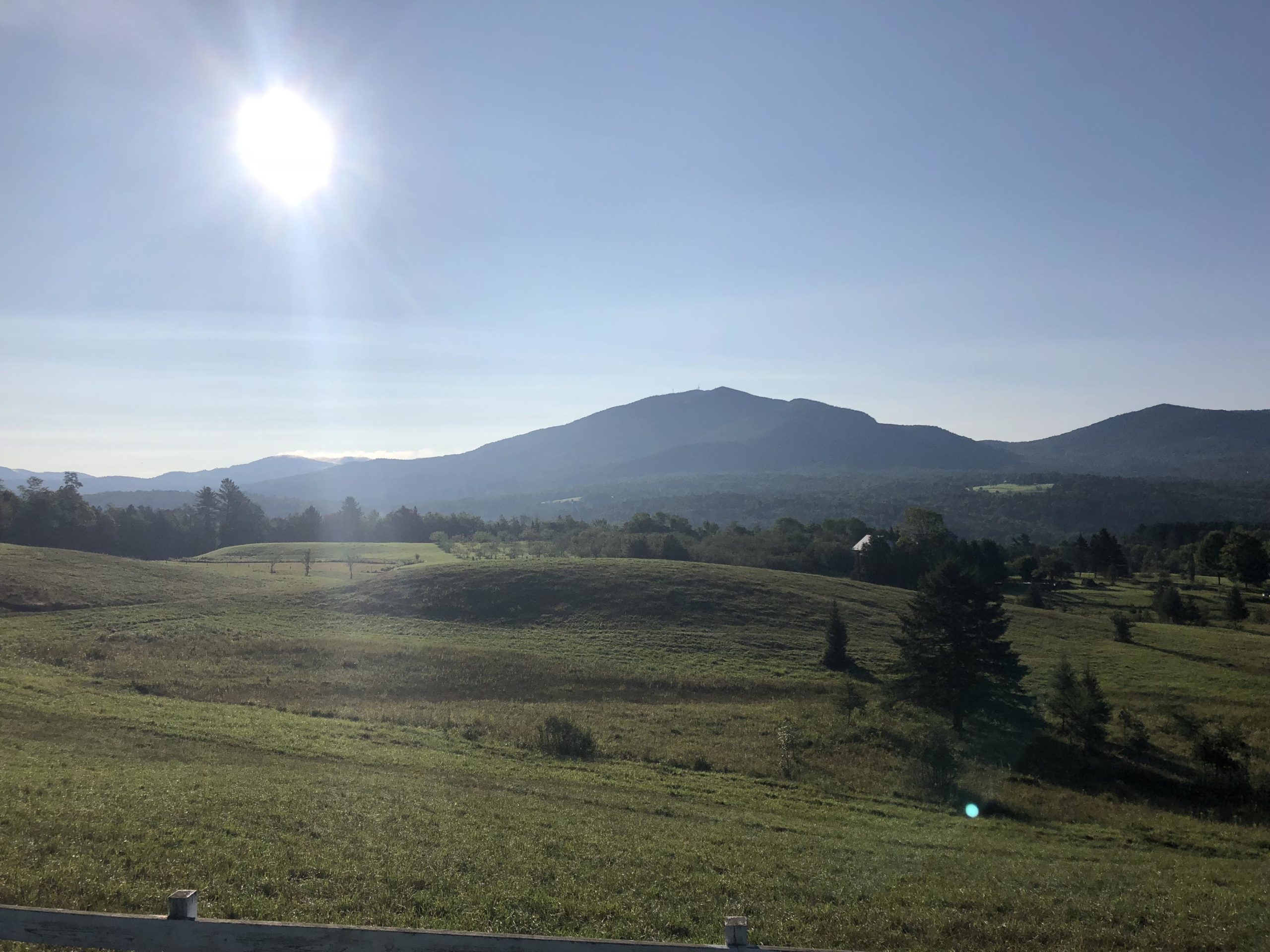 A scenic landscape featuring rolling green hills under a clear blue sky, with the sun shining brightly overhead. In the distance, a mountain range is visible, partially covered by a light haze. The foreground includes patches of grass and a few scattered trees, contributing to the serene, natural ambiance of the scene. Kingdom Trails mountain bike trail.