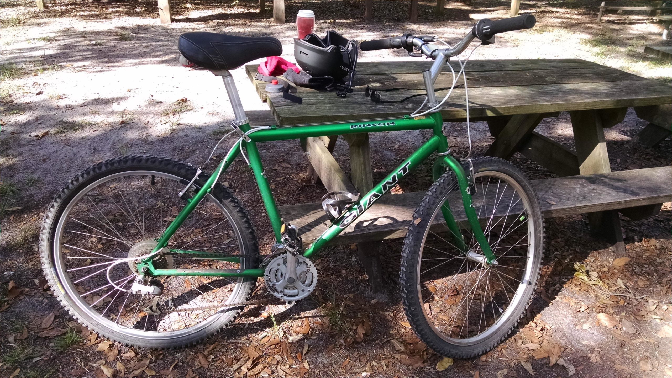 A green mountain bike is parked beside a wooden picnic table, with a helmet and a coffee cup on the table. The scene is set in a natural area with a dirt ground and fallen leaves around. Kathryn Abby Hanna Park mountain bike trail.