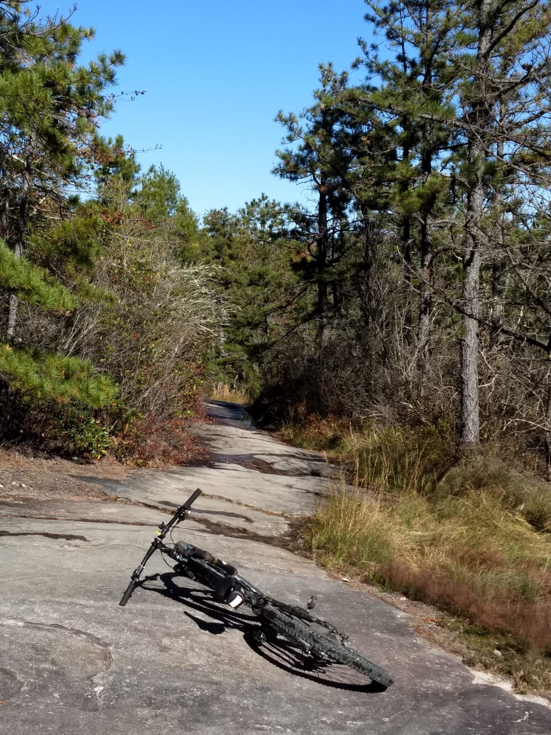 A mountain bike is laid on its side on a rocky trail surrounded by trees under a clear blue sky. The scene captures a peaceful outdoor setting, ideal for biking and nature activities. Cedar Rock Trail #16 mountain bike trail.