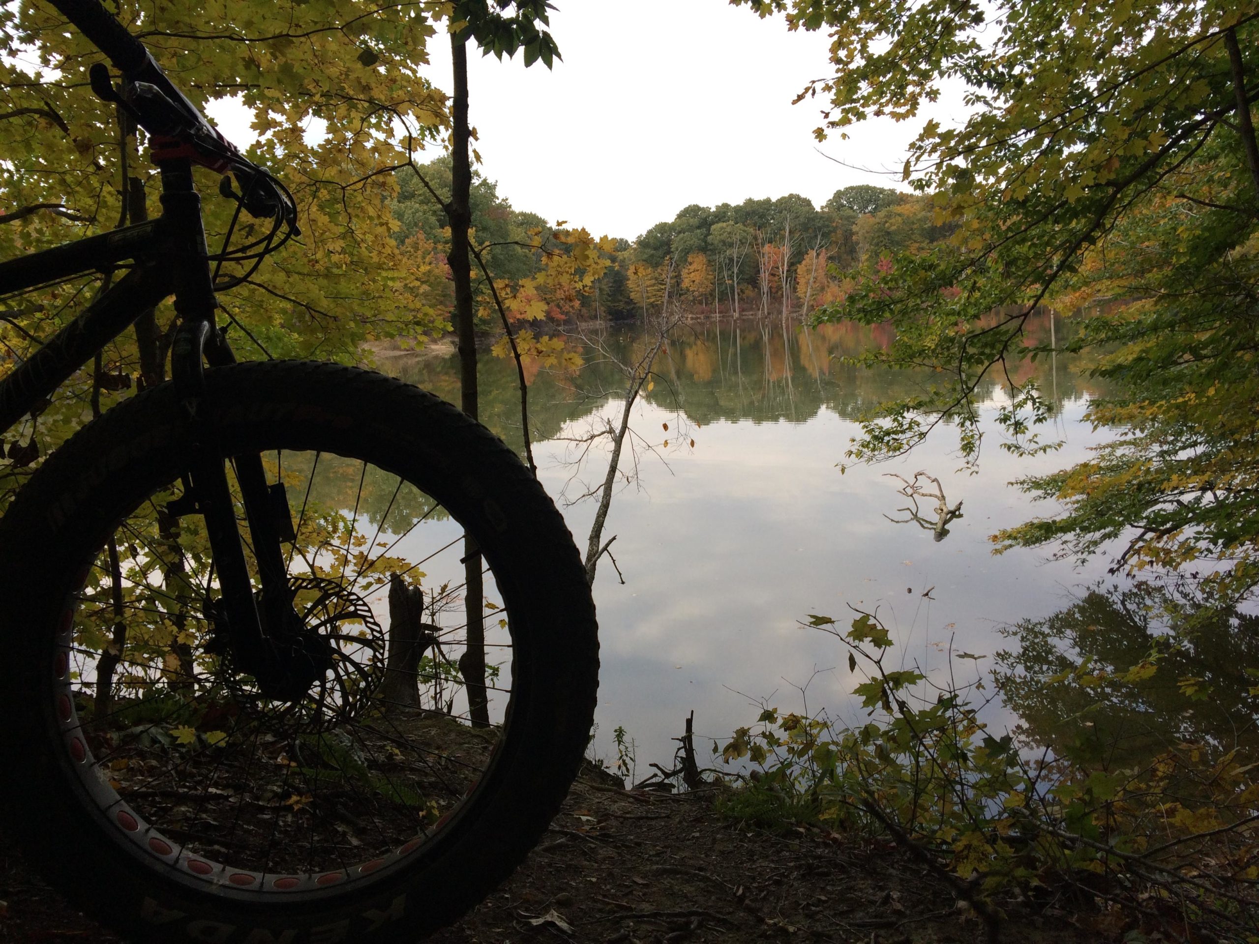 A mountain bike rests on the edge of a serene lake surrounded by autumn foliage. The water reflects the colorful trees, creating a peaceful natural scene. Alum Creek Phase I mountain bike trail.