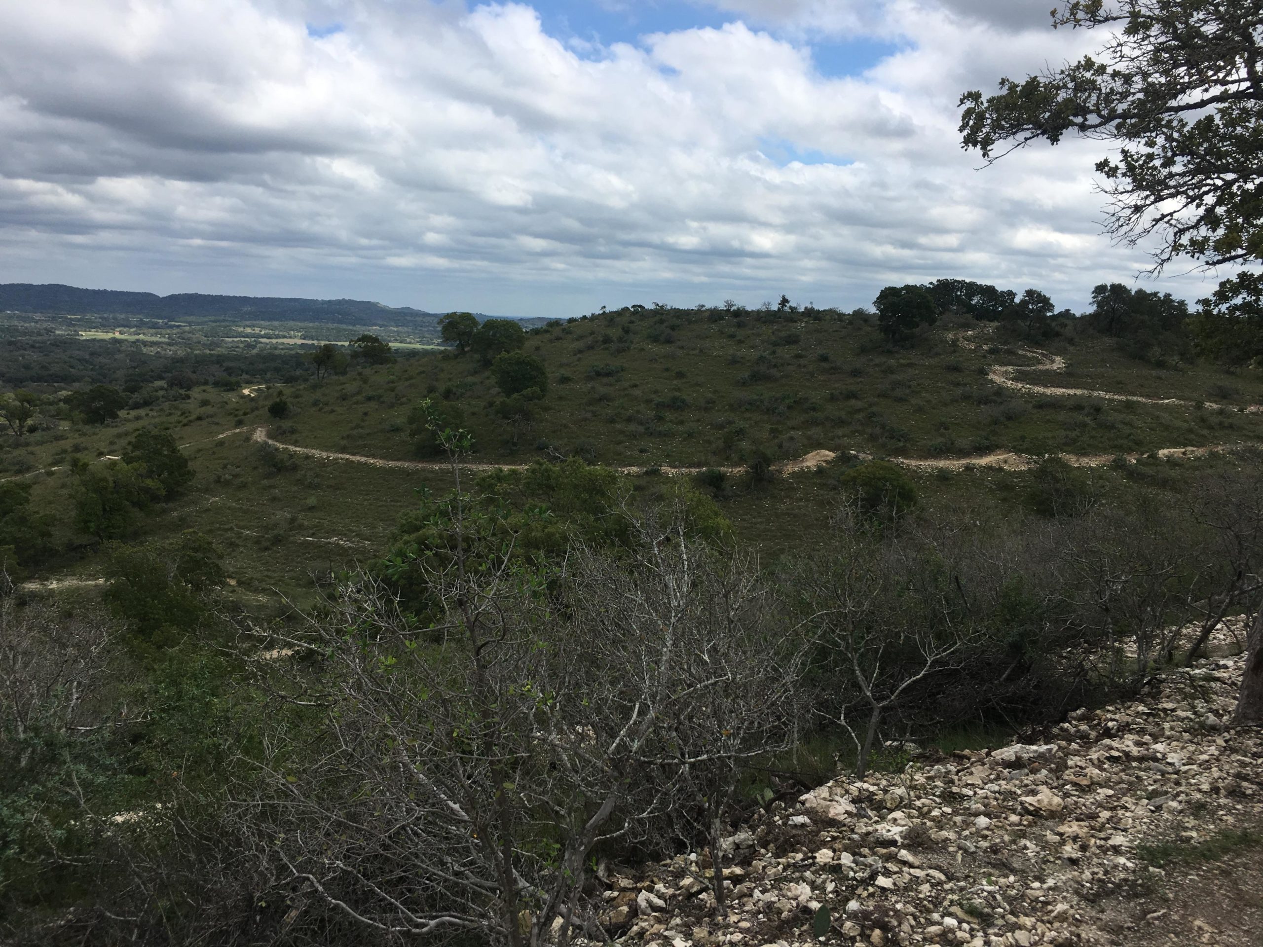 A scenic view of rolling hills under a cloudy sky, with a winding dirt path cutting through lush green terrain and patches of sparse trees. The landscape features a mixture of grass, shrubs, and rocky areas, creating a natural and serene atmosphere. Flat Rock Ranch mountain bike trail.