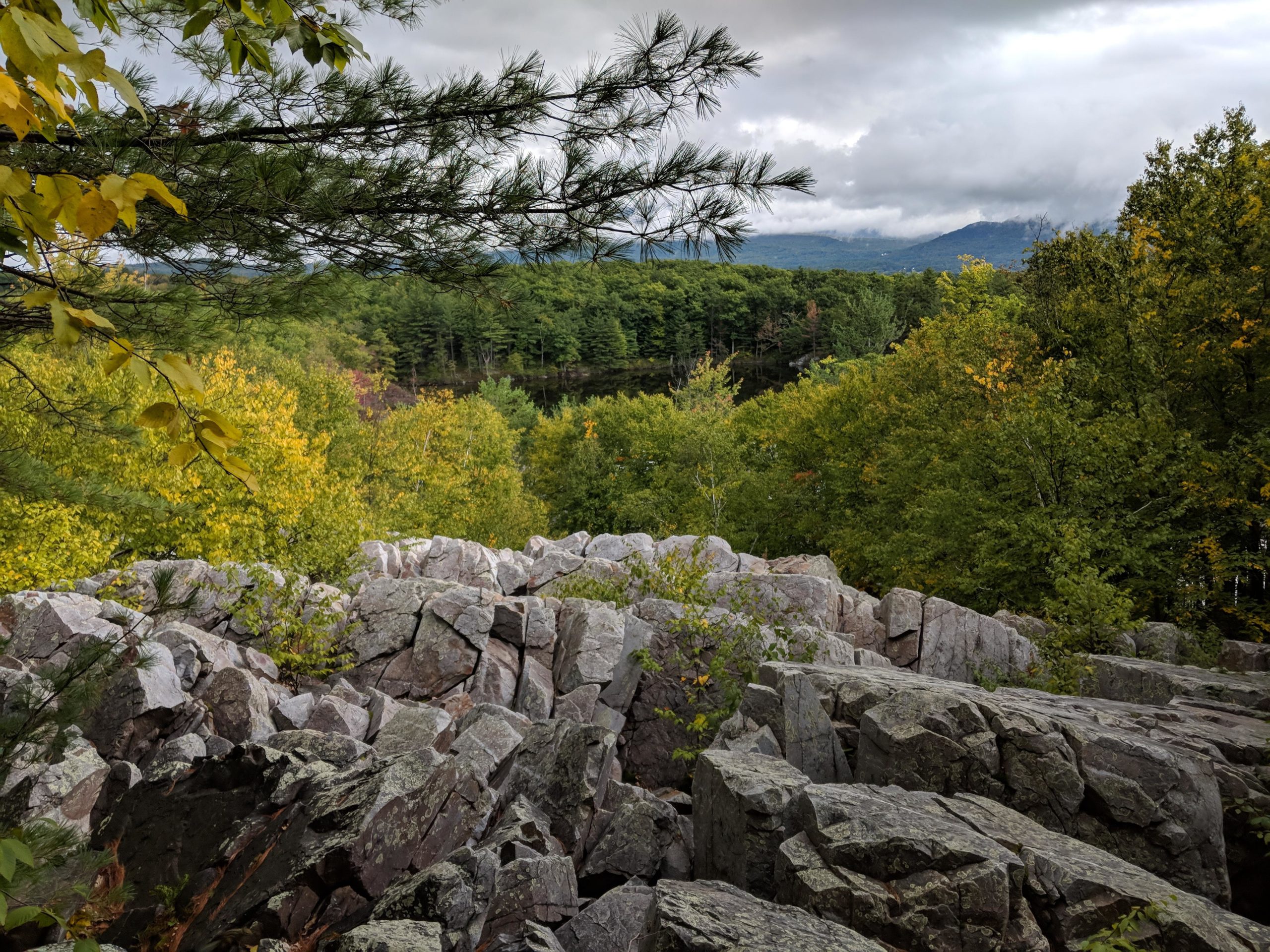 Scenic view of a rocky terrain surrounded by lush trees in various shades of green and yellow, under a partly cloudy sky. In the background, soft mountains are visible, creating a tranquil natural landscape. Pine Hill Park mountain bike trail.